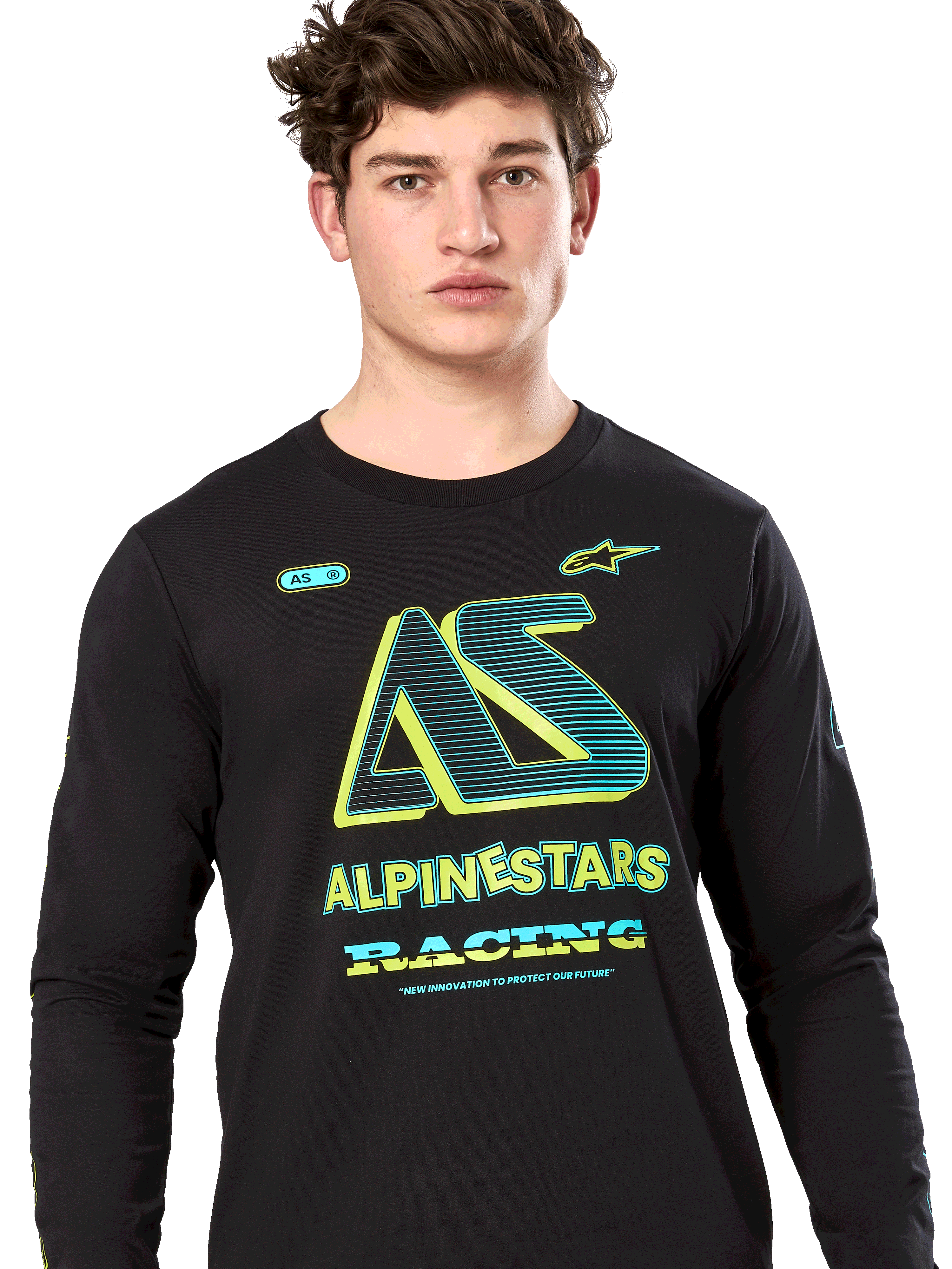 Alpinestars Ayess Csf Tee, T-shirt met lange mouwen, zwart, gestileerde AS-afbeelding met neongele en blauwgroene accenten, ALPINESTARS RACING-branding, casual motorsport streetwear