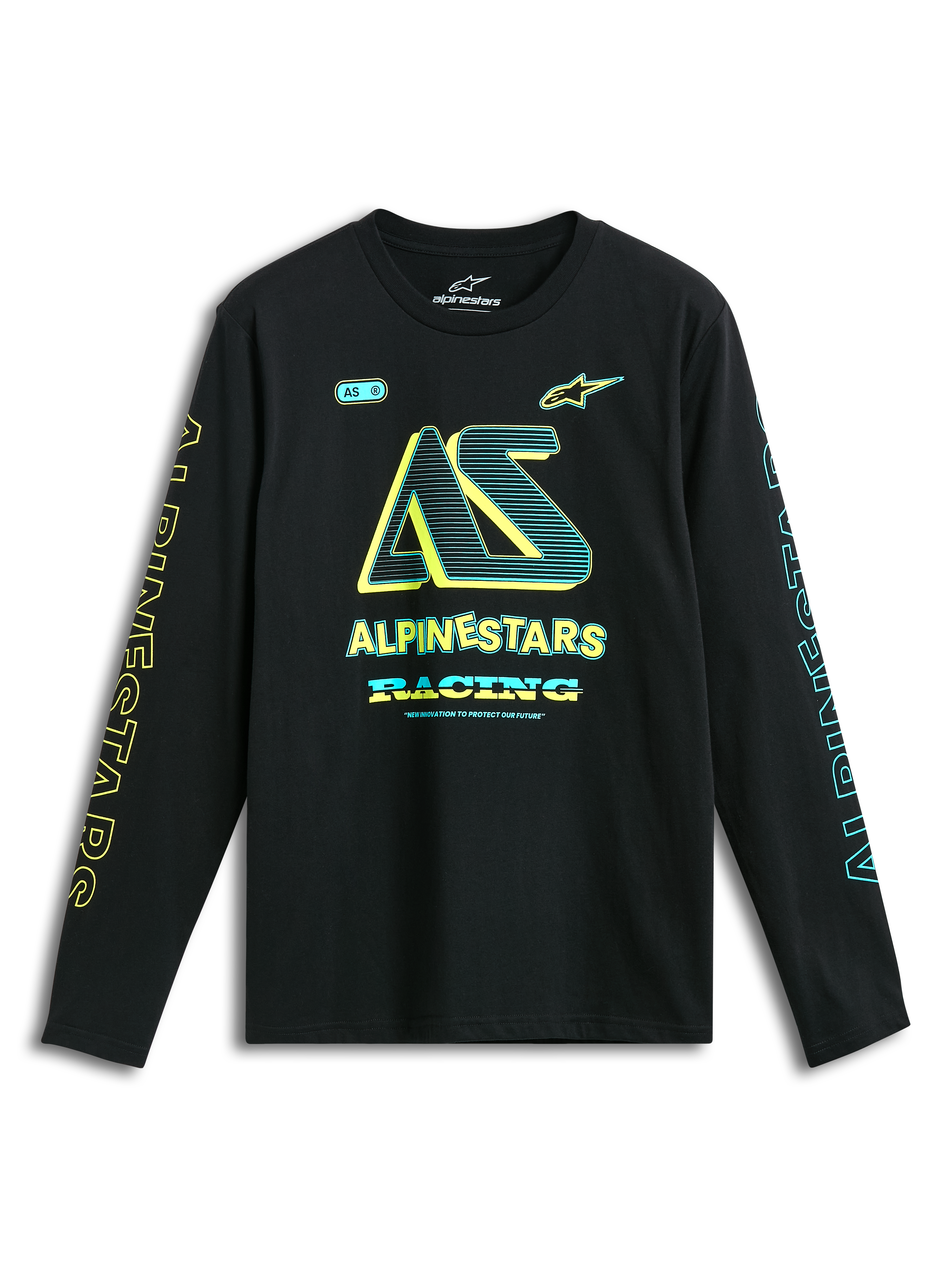 Alpinestars Ayess CSF Long Sleeve Tee, Black sportswear t-shirt featuring yellow and blue chest and sleeve logo graphics