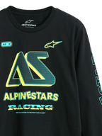 Alpinestars Ayess CSF Tee, T-shirt met lange mouwen, zwart, graphics op de voorkant met 'AS'-logo en 'Alpinestars Racing' in geel en cyaan, casual motorsport-geïnspireerde streetwear