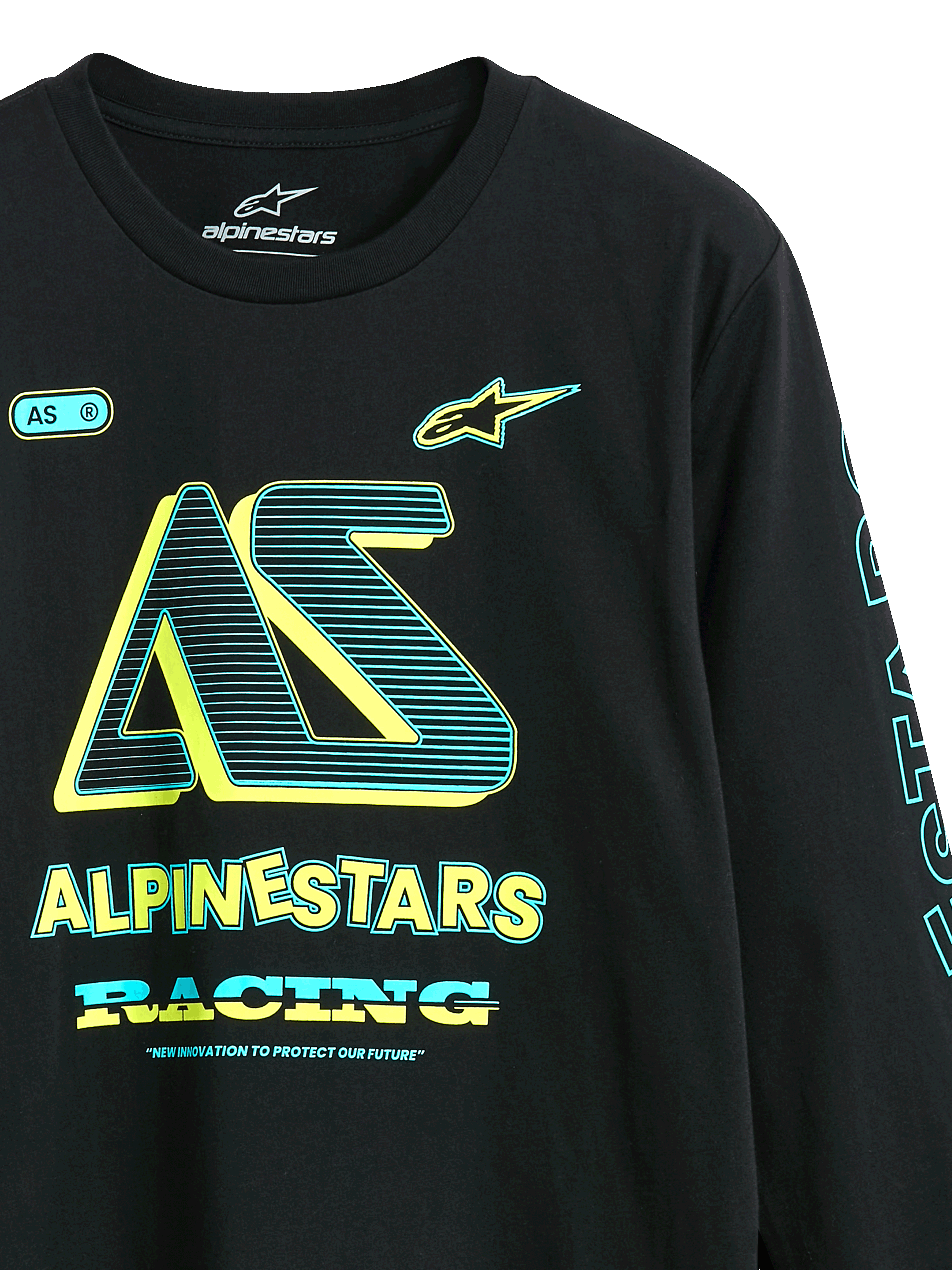 Alpinestars Ayess CSF Tee, T-shirt met lange mouwen, zwart, graphics op de voorkant met 'AS'-logo en 'Alpinestars Racing' in geel en cyaan, casual motorsport-geïnspireerde streetwear