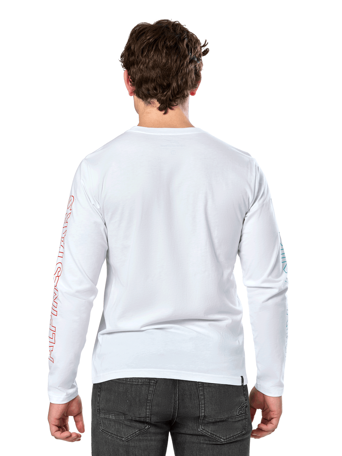 Alpinestars Ayess Csf Tee, T-shirt met lange mouwen, wit, achteraanzicht, met rode Alpinestars-belettering op de rechtermouw en blauwe graphics op de linkermouw, casual motorsport-geïnspireerde streetwear