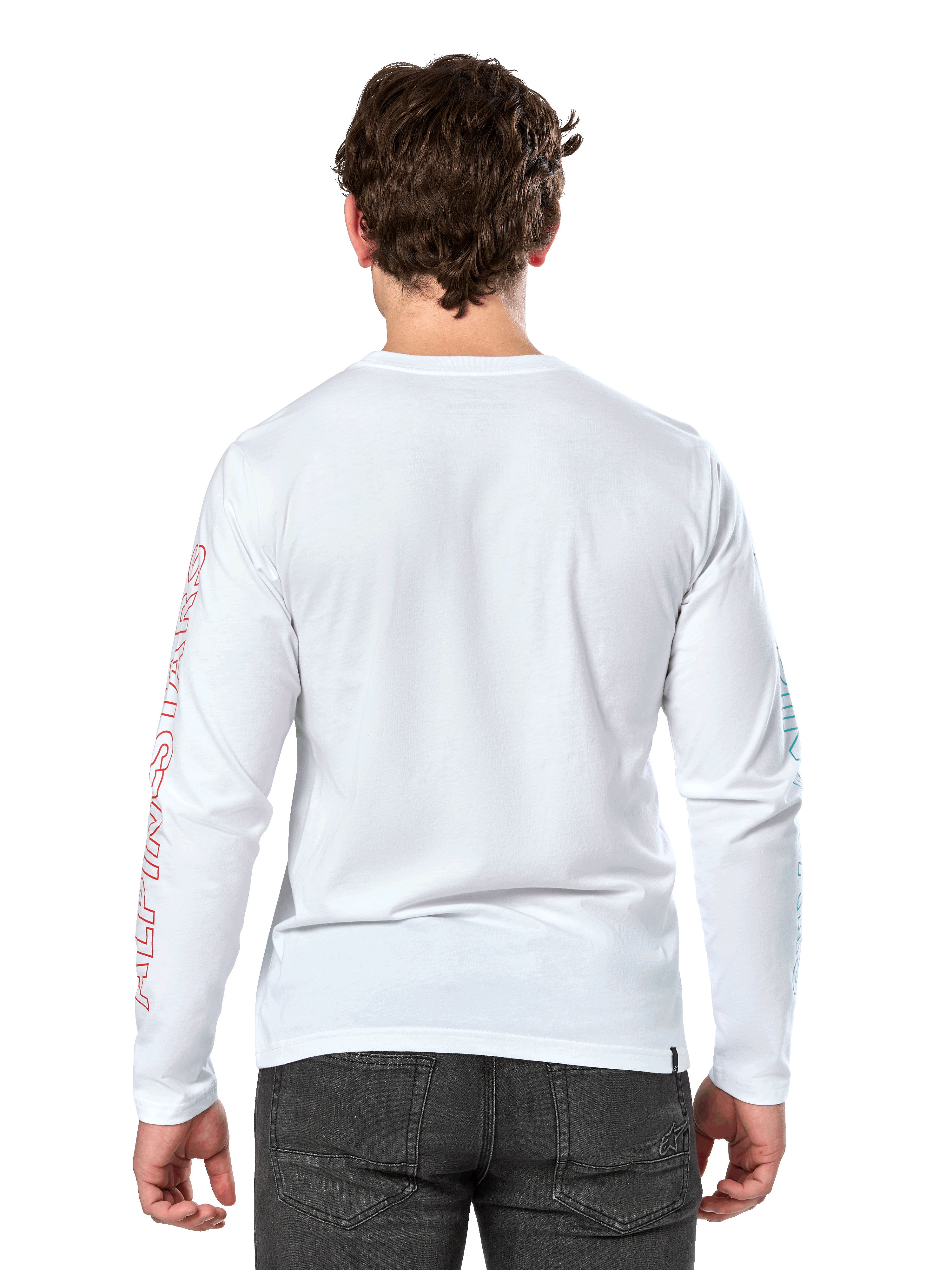 Alpinestars Ayess Csf Tee, T-shirt met lange mouwen, wit, achteraanzicht, met rode Alpinestars-belettering op de rechtermouw en blauwe graphics op de linkermouw, casual motorsport-geïnspireerde streetwear