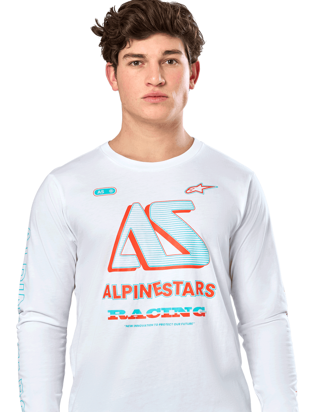 Alpinestars Ayess CSF Tee, t-shirt met lange mouwen, wit, voorzien van een grote teal en oranje 'AS'-graphic en 'ALPINESTARS RACING' tekst, casual motorsport streetwear