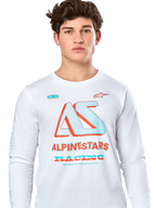 Alpinestars Ayess CSF Tee, t-shirt met lange mouwen, wit, voorzien van een grote teal en oranje 'AS'-graphic en 'ALPINESTARS RACING' tekst, casual motorsport streetwear