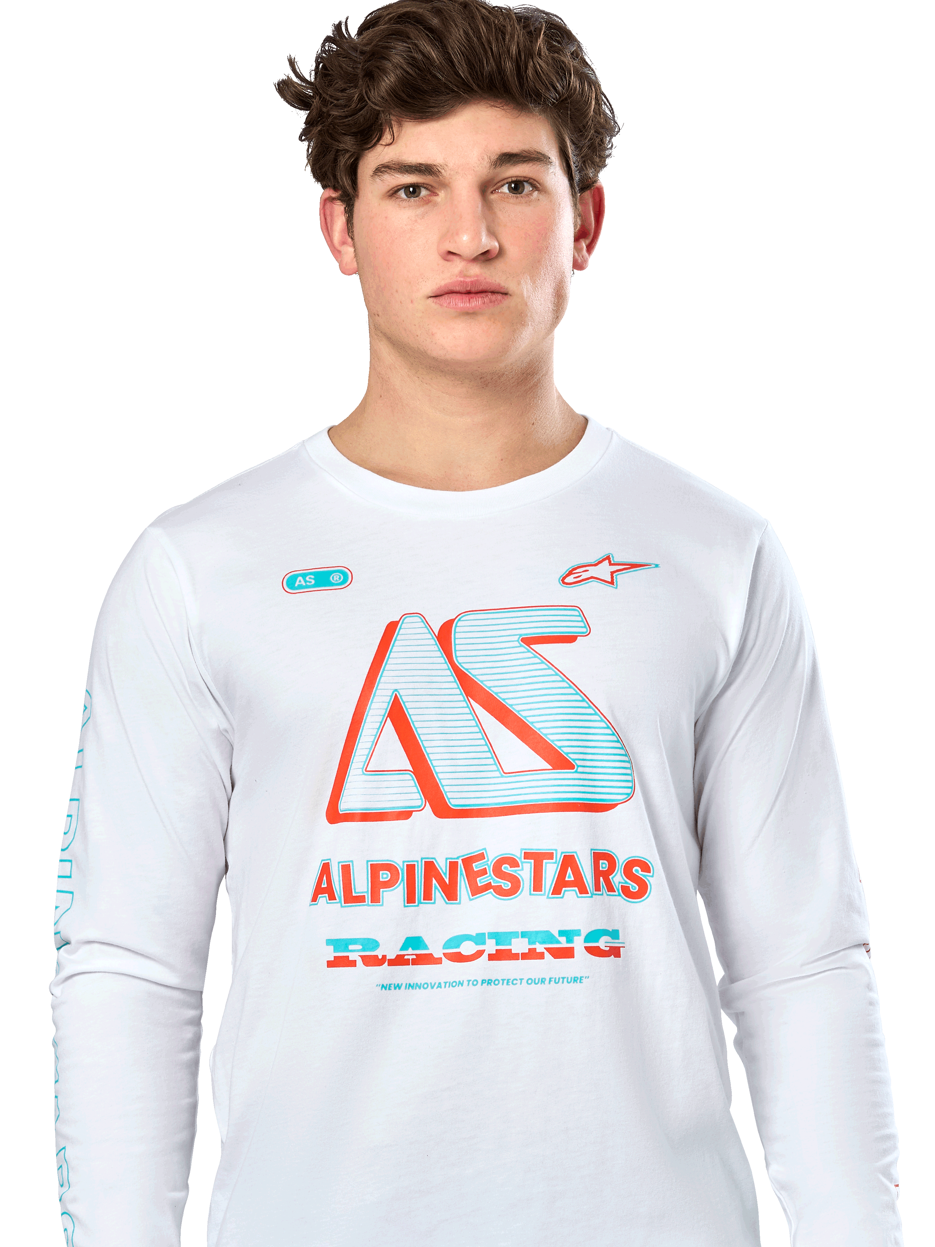 Alpinestars Ayess CSF Tee, t-shirt met lange mouwen, wit, voorzien van een grote teal en oranje 'AS'-graphic en 'ALPINESTARS RACING' tekst, casual motorsport streetwear