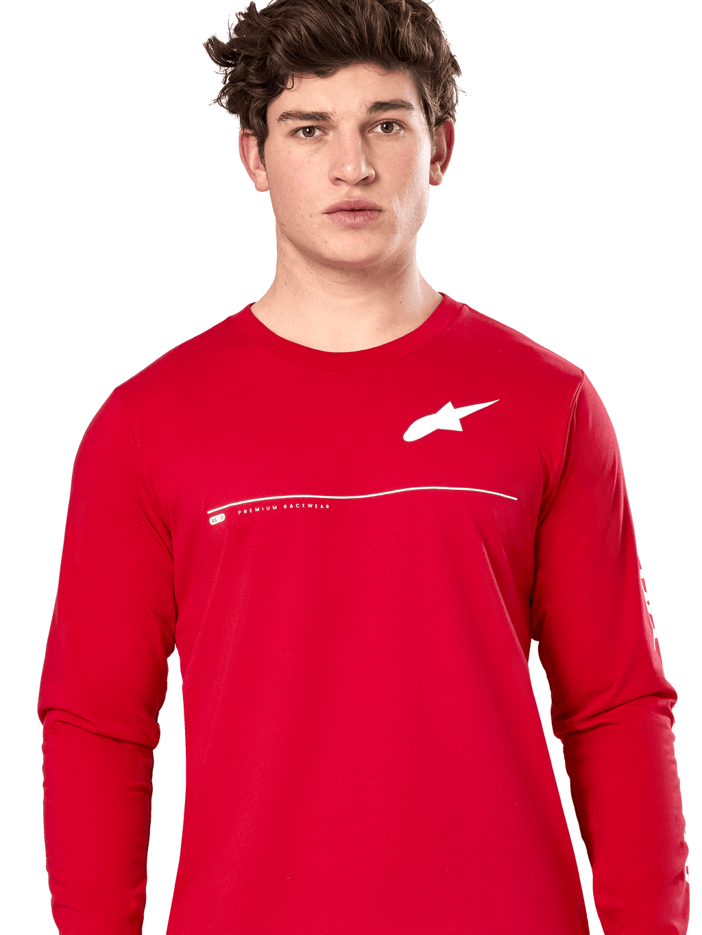 Alpinestars Committed CSF Tee, longsleeve T-shirt, rood, wit Astars-logo op de borst met horizontale lijn en "Premium Racewear" tekst, gedragen door een mannelijk model, casual streetwear geïnspireerd op de motorsport