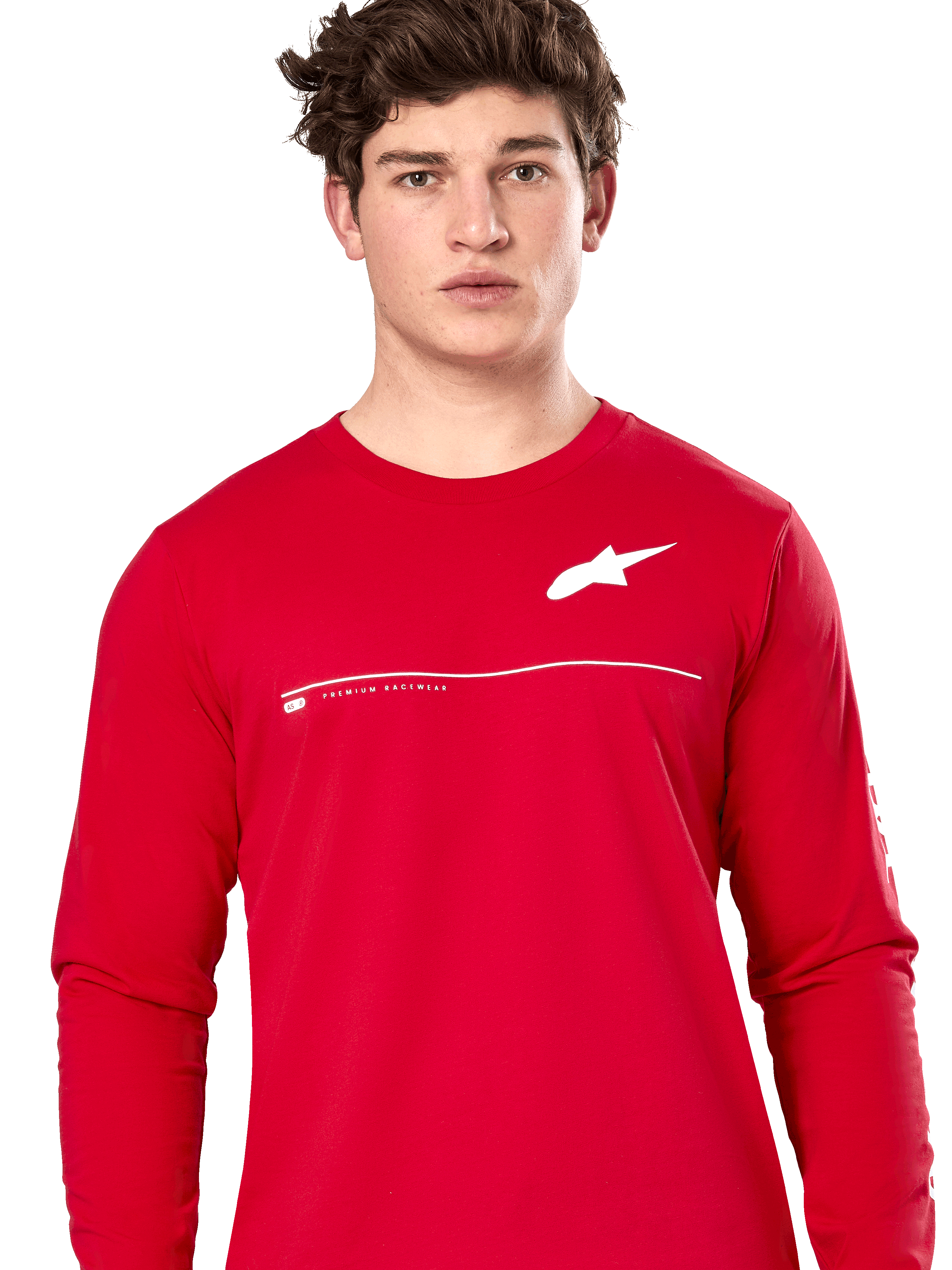 Alpinestars Committed CSF Tee, longsleeve T-shirt, rood, wit Astars-logo op de borst met horizontale lijn en "Premium Racewear" tekst, gedragen door een mannelijk model, casual streetwear geïnspireerd op de motorsport