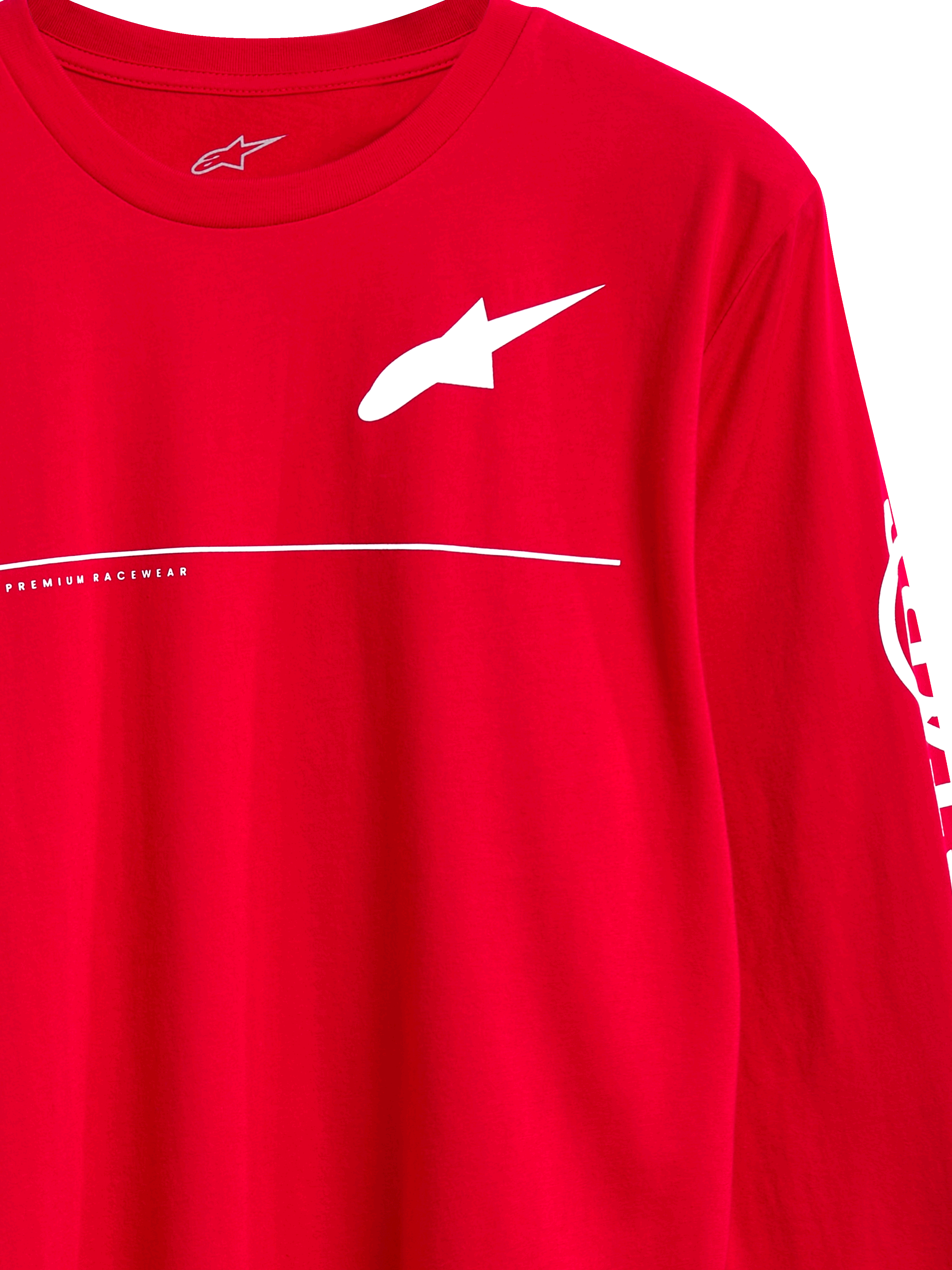Alpinestars Committed CSF Tee, t-shirt met lange mouwen, rood, wit Astars-logo met Premium Racewear-tekst en horizontale lijn, casual motorsport streetwear