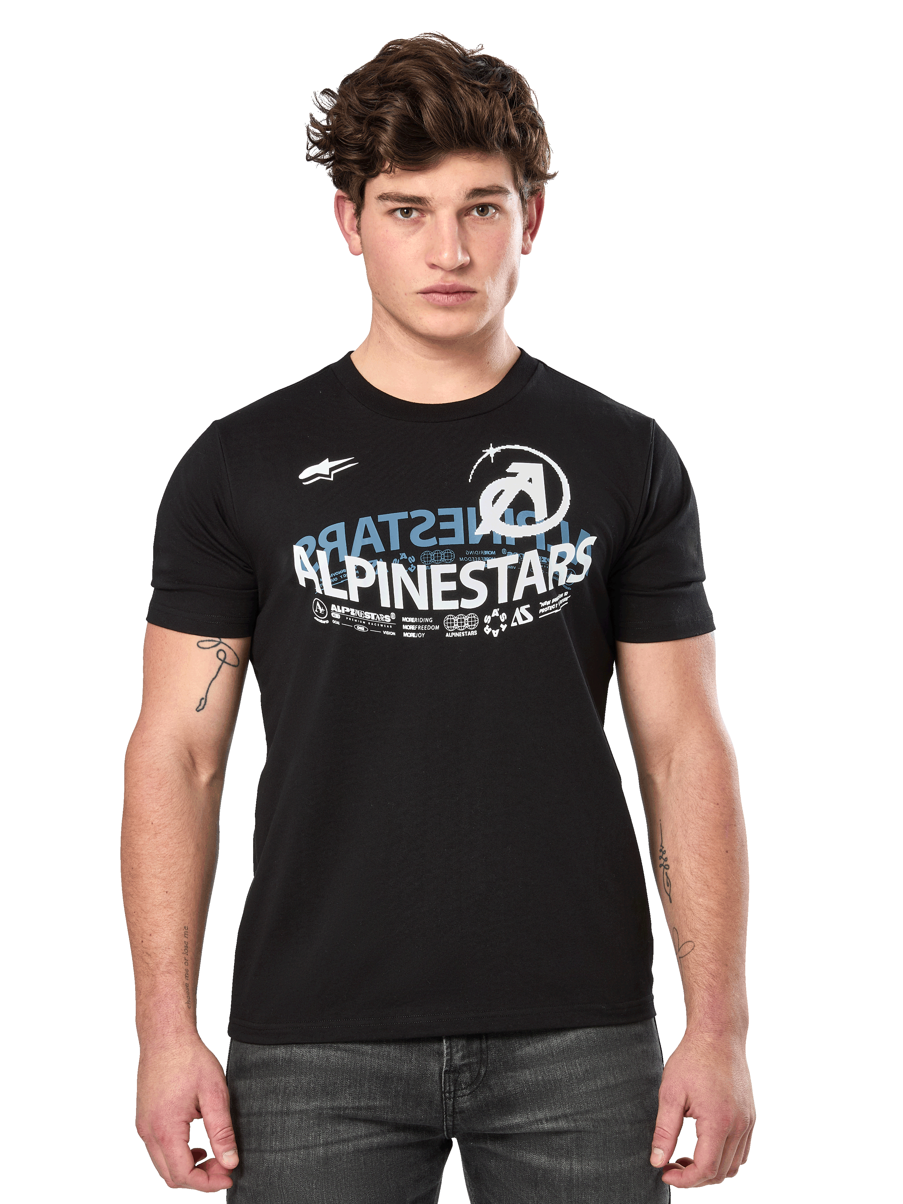 Alpinestars Semicircle CSF Tee, Kurzarm-T-Shirt, Schwarz, weiß-blaue halbkreisförmig geschwungene Alpinestars-Grafik auf der Brust, Casual Motorsport Streetwear