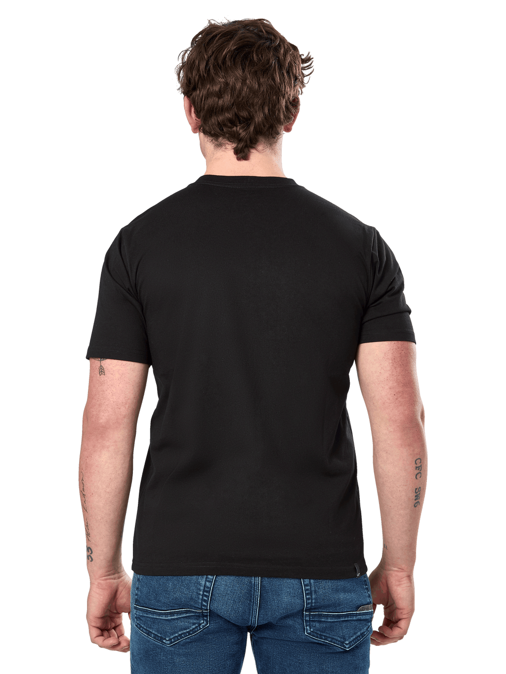 Alpinestars Cereal CSF Tee, T-shirt met korte mouwen, zwart, achteraanzicht, gedragen met blauwe jeans, casual motorsport-geïnspireerde streetwear