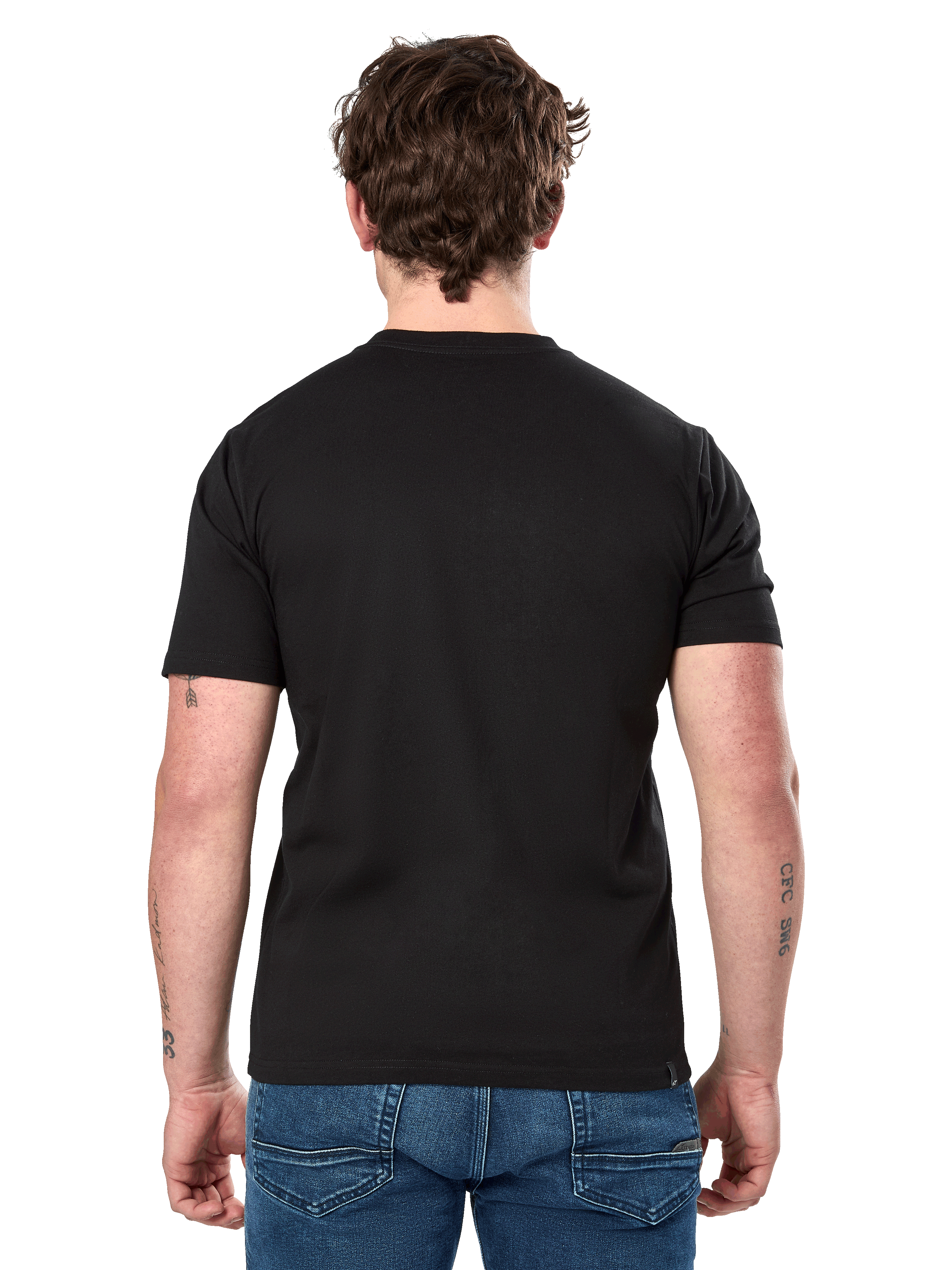 Alpinestars Cereal CSF Tee, T-shirt met korte mouwen, zwart, achteraanzicht, gedragen met blauwe jeans, casual motorsport-geïnspireerde streetwear