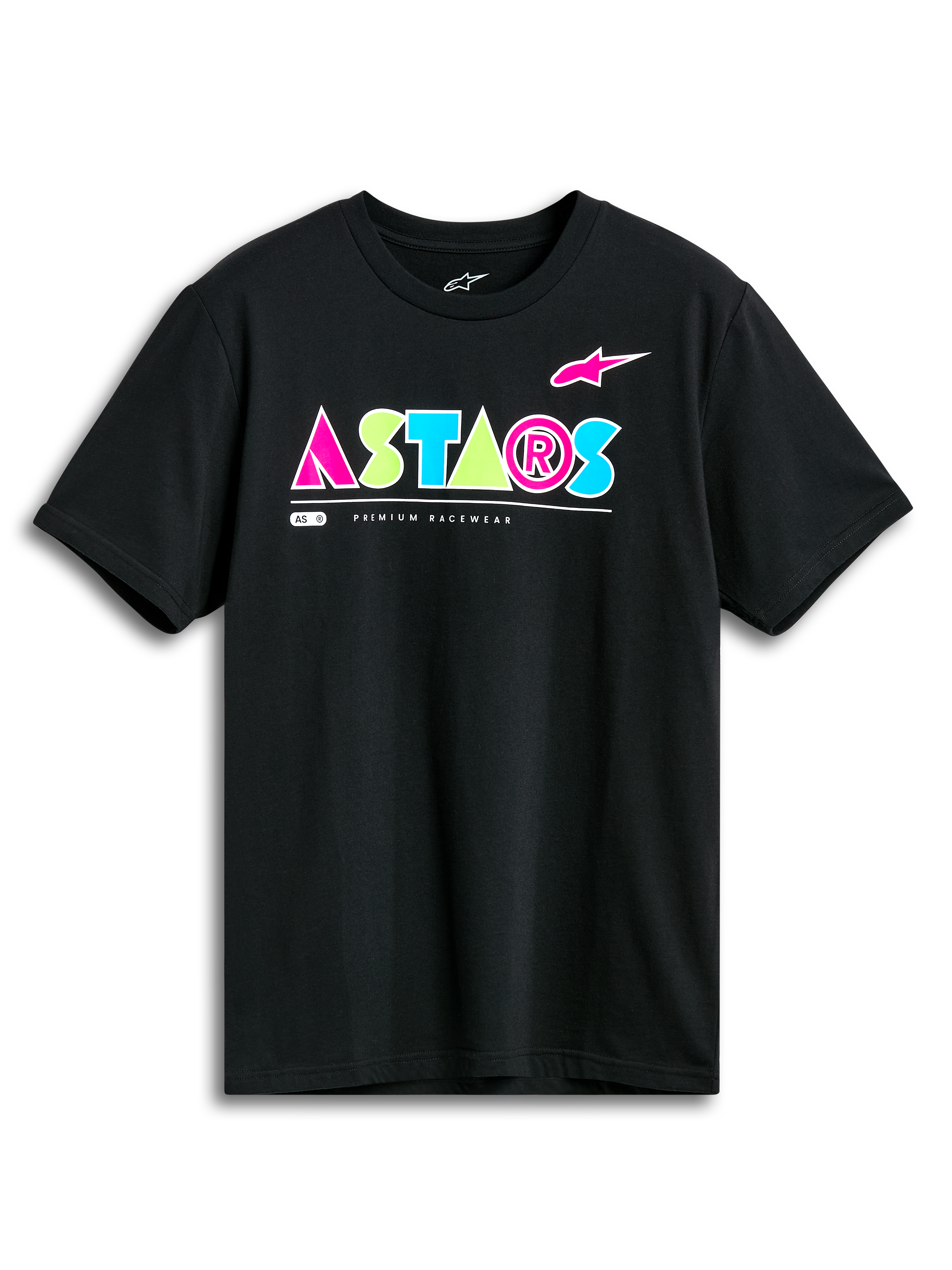 Alpinestars Cereal CSF Tee, T-shirt met korte mouwen, zwart, opvallend geometrisch ASTARS-logo in roze, limoengroen en lichtblauw, casual motorsport streetwear