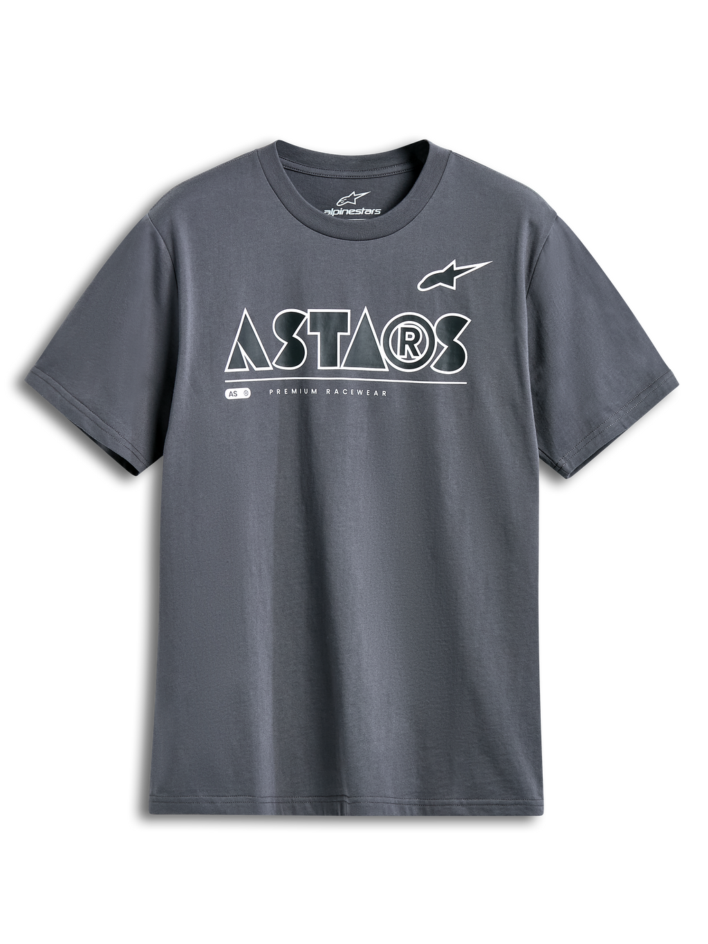 Alpinestars Cereal CSF Tee, t-shirt met korte mouwen, charcoal, wit geometrisch ASTARS-logo met Premium Racewear-tekst, casual motorsport streetwear