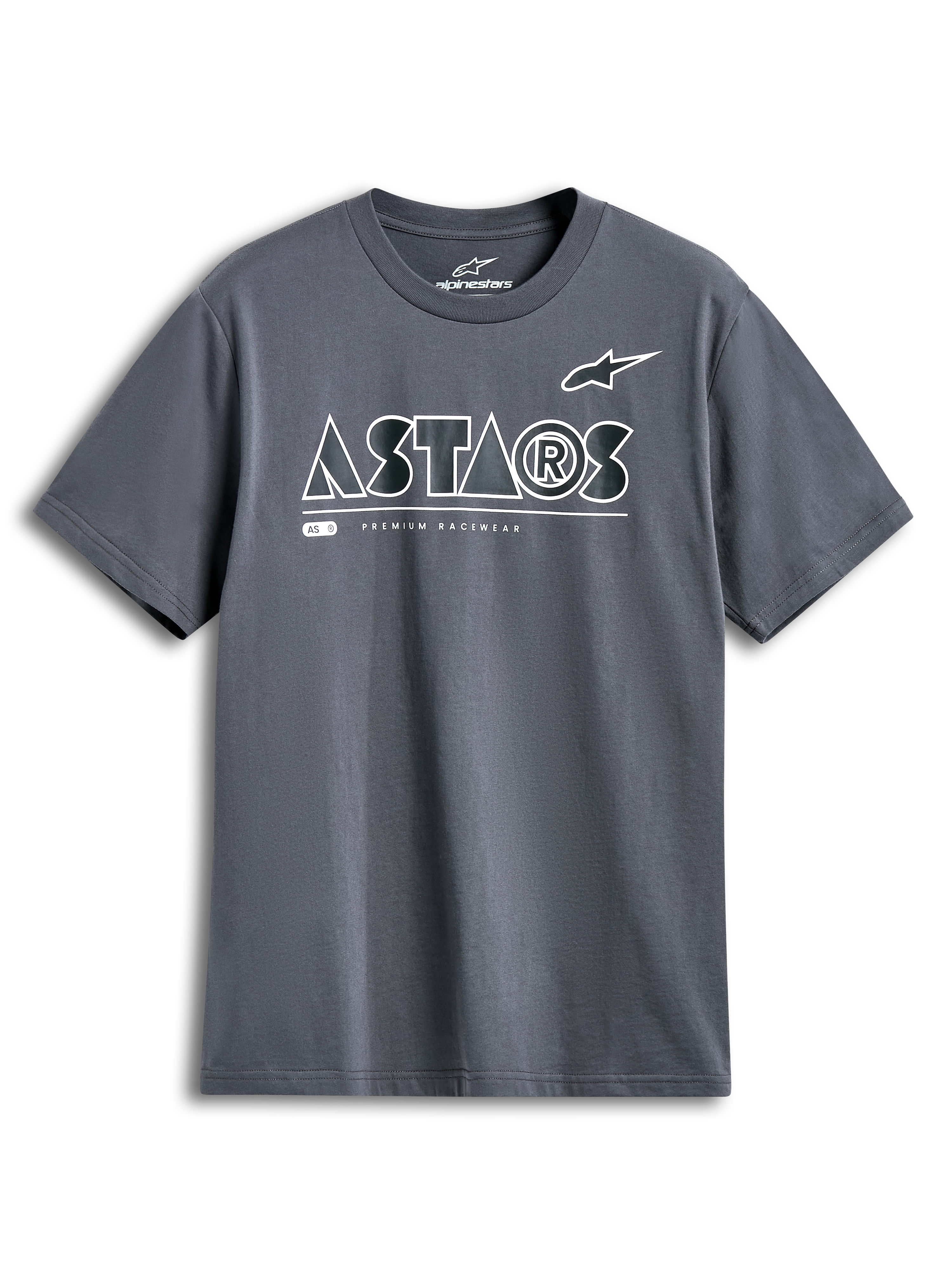 Alpinestars Cereal CSF Tee, t-shirt met korte mouwen, charcoal, wit geometrisch ASTARS-logo met Premium Racewear-tekst, casual motorsport streetwear