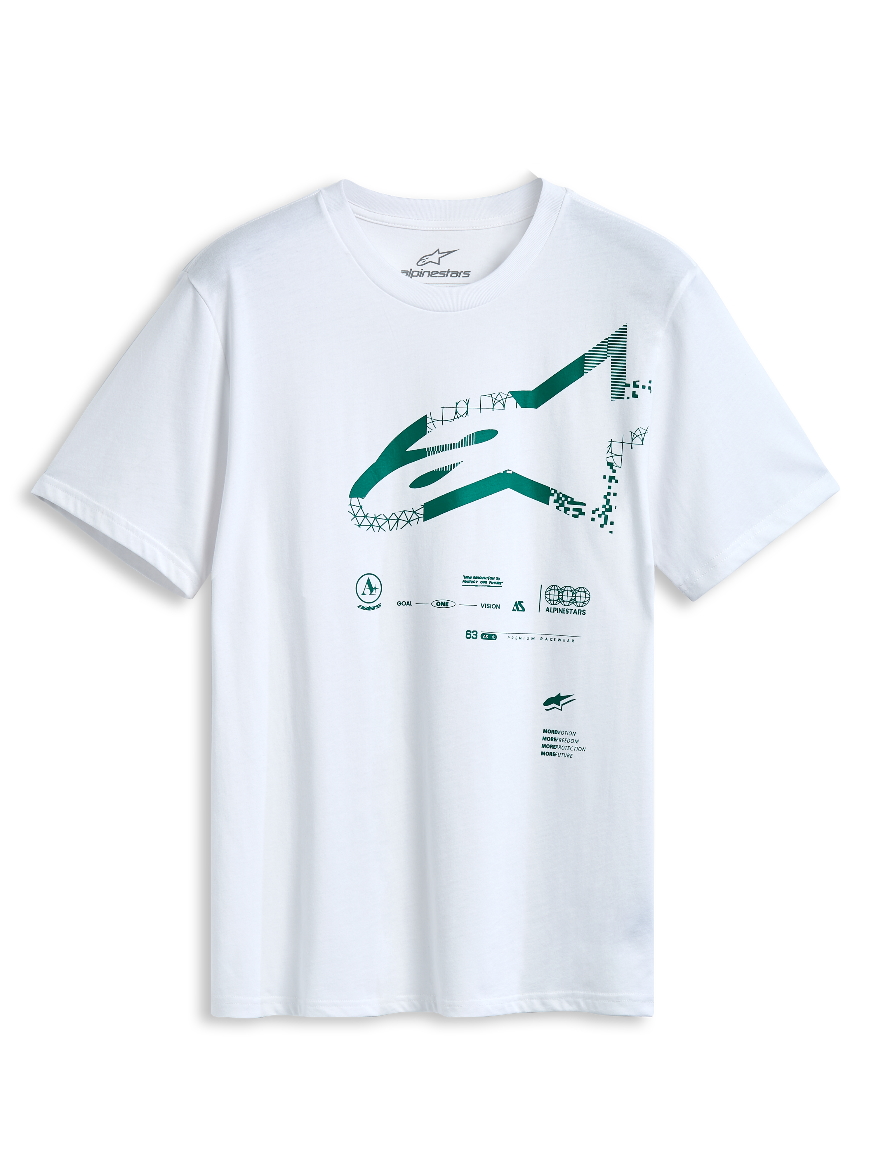 Alpinestars Geografica CSF T-shirt, T-shirt met korte mouwen, wit, groen Astars-logo op de voorkant met multi-tech grafische print, casual motorsport vrijetijdskleding