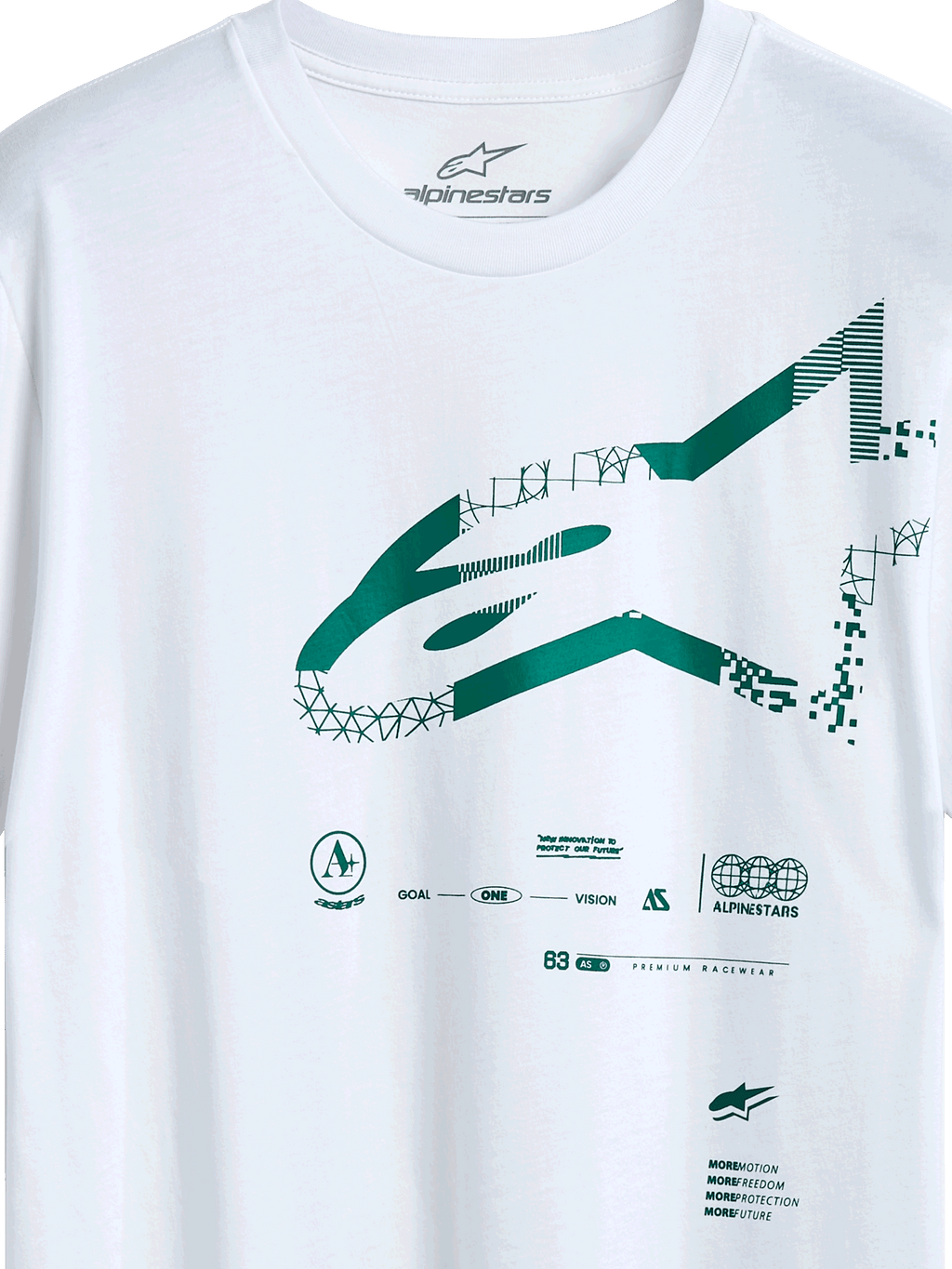 Alpinestars Geografica CSF Tee, T-shirt met korte mouwen, wit, groen Multi-Tech Astars-logo met geometrische en gepixelde graphics, casual motorsport streetwear