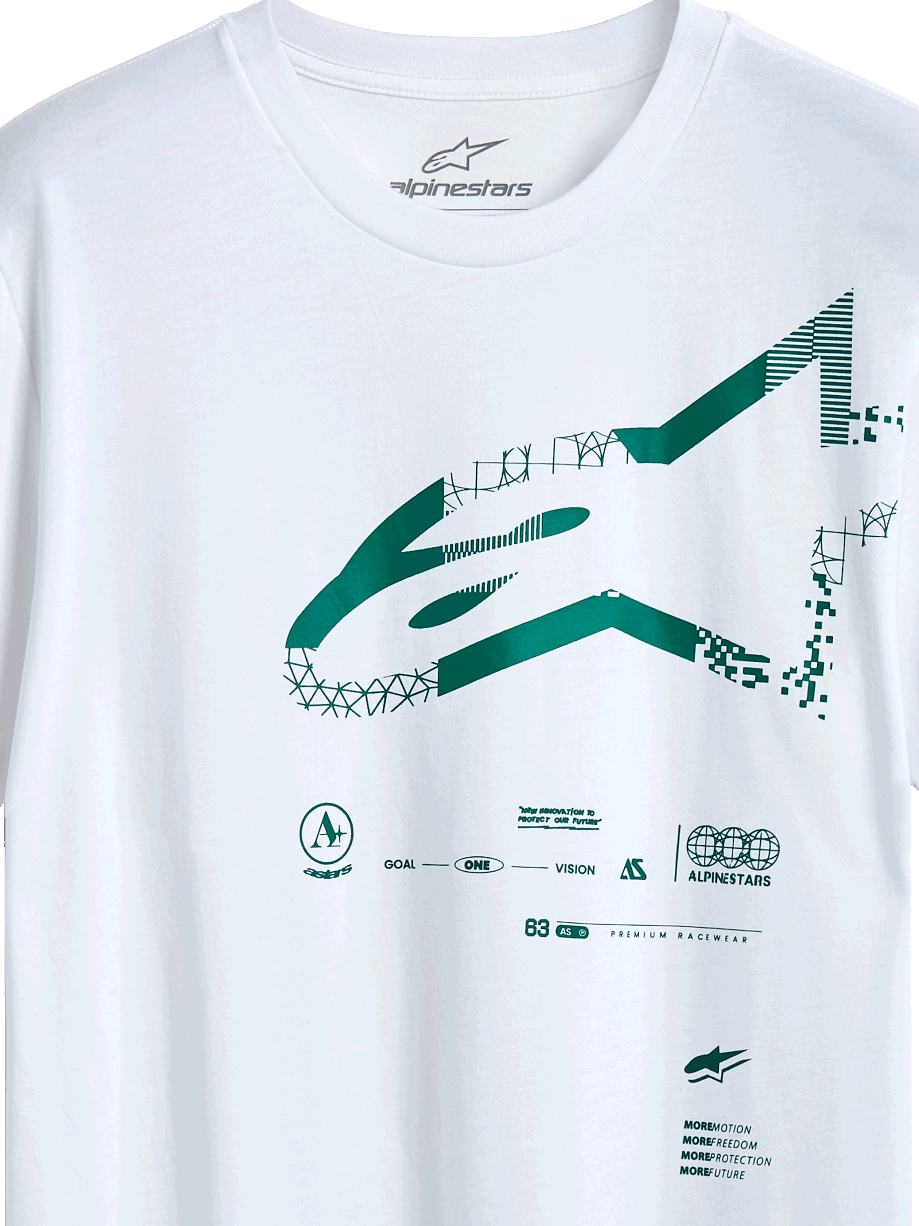 Alpinestars Geografica CSF Tee, T-shirt met korte mouwen, wit, groen Multi-Tech Astars-logo met geometrische en gepixelde graphics, casual motorsport streetwear