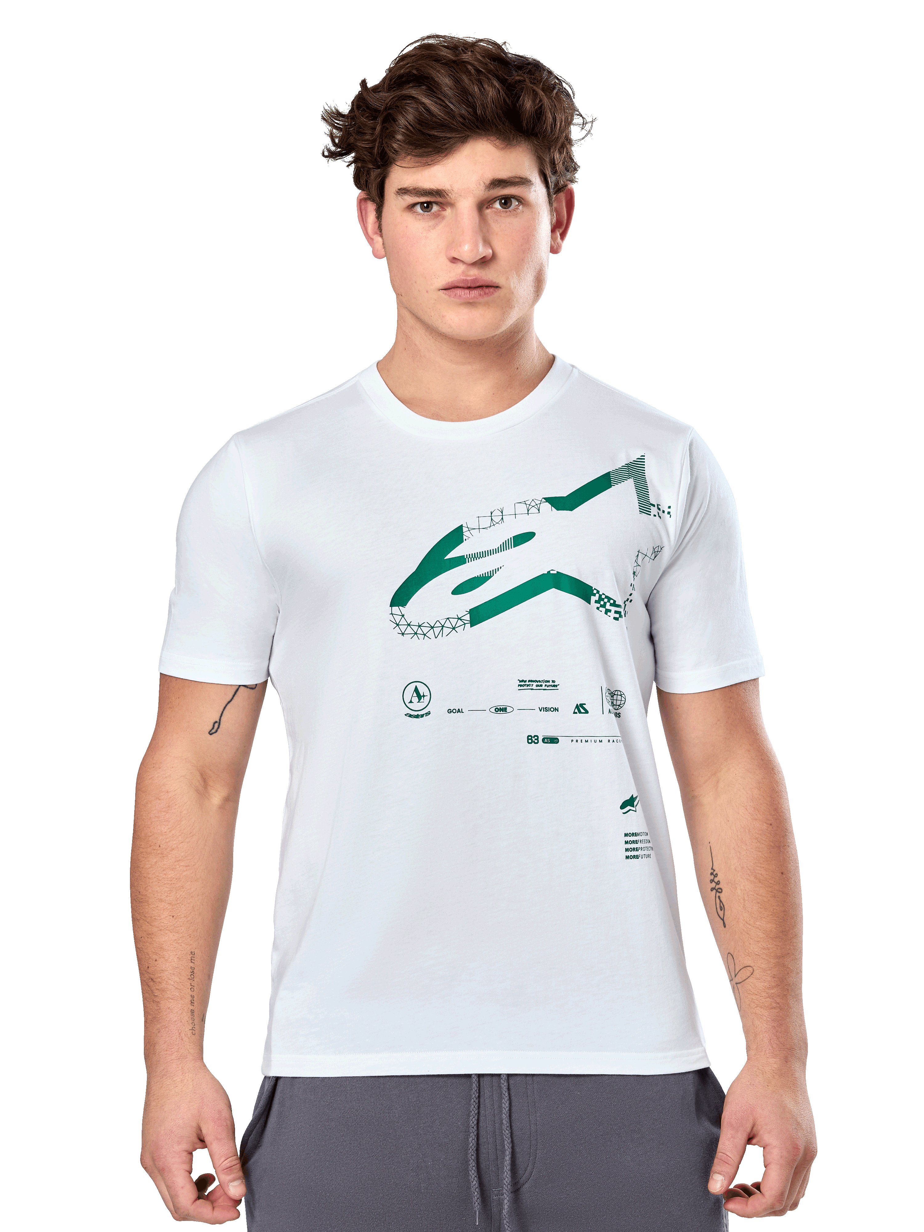 Alpinestars Geografica CSF Tee, wit T-shirt met korte mouwen met groene multi-tech Astars-graphic en technische symbolen, casual motorsport-sportkleding