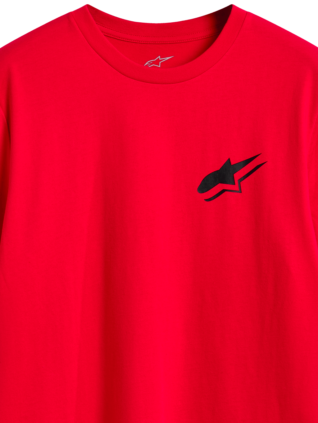 Alpinestars Formulate CSF Tee, T-shirt met korte mouwen, rood, zwart Astars-logo op de borst, close-up van de halslijn en grafische print op de voorzijde, casual lifestyle kleding