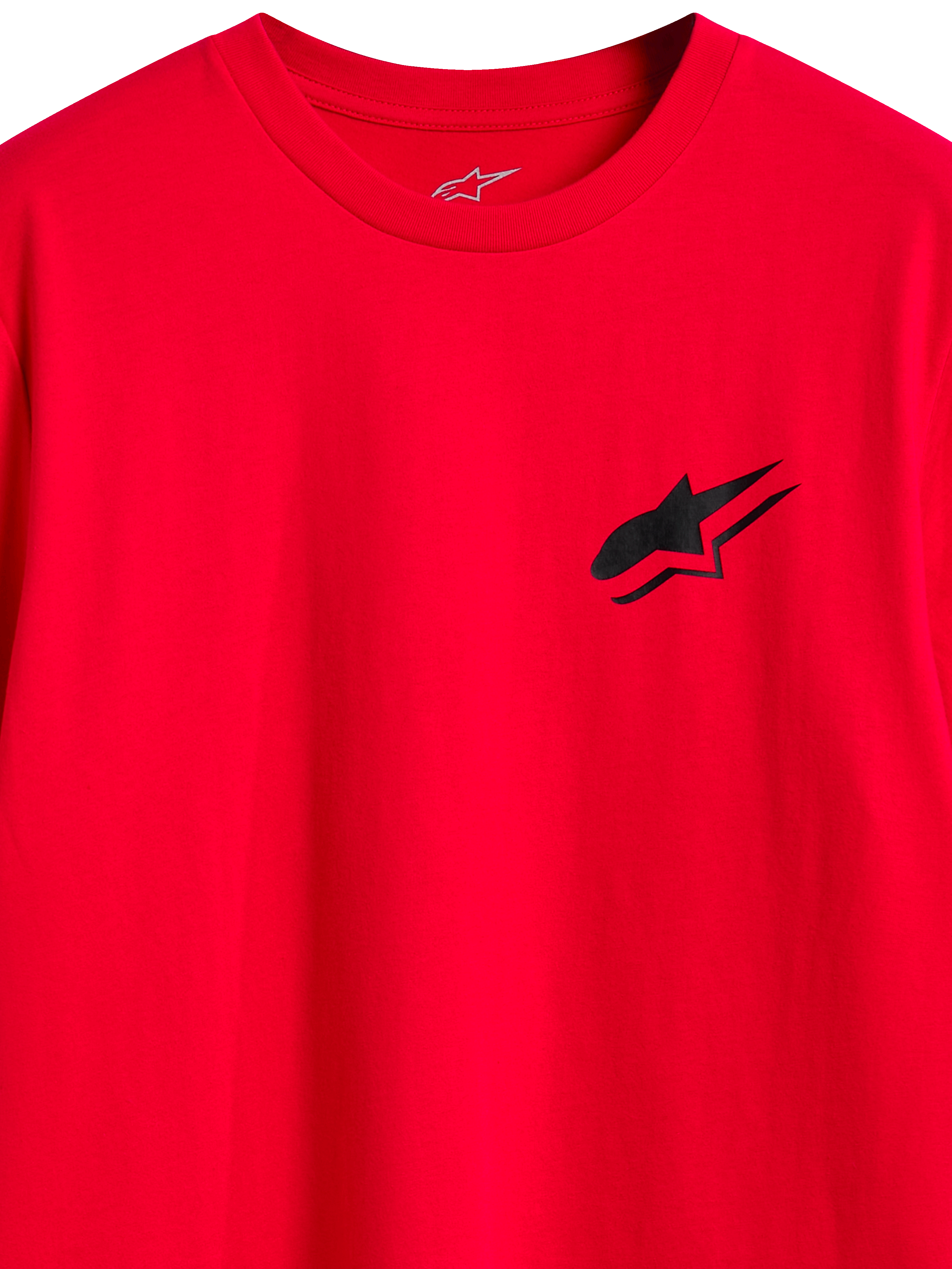 Alpinestars Formulate CSF Tee, T-shirt met korte mouwen, rood, zwart Astars-logo op de borst, close-up van de halslijn en grafische print op de voorzijde, casual lifestyle kleding