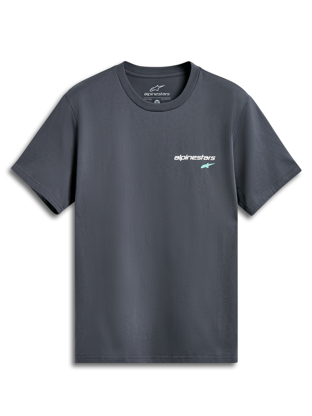 Alpinestars No Barrier CSF Tee, T-shirt met korte mouwen, antracietgrijs, klein wit tekstlogo met mintgroene ster op de borst, casual door motorsport geïnspireerde streetwear