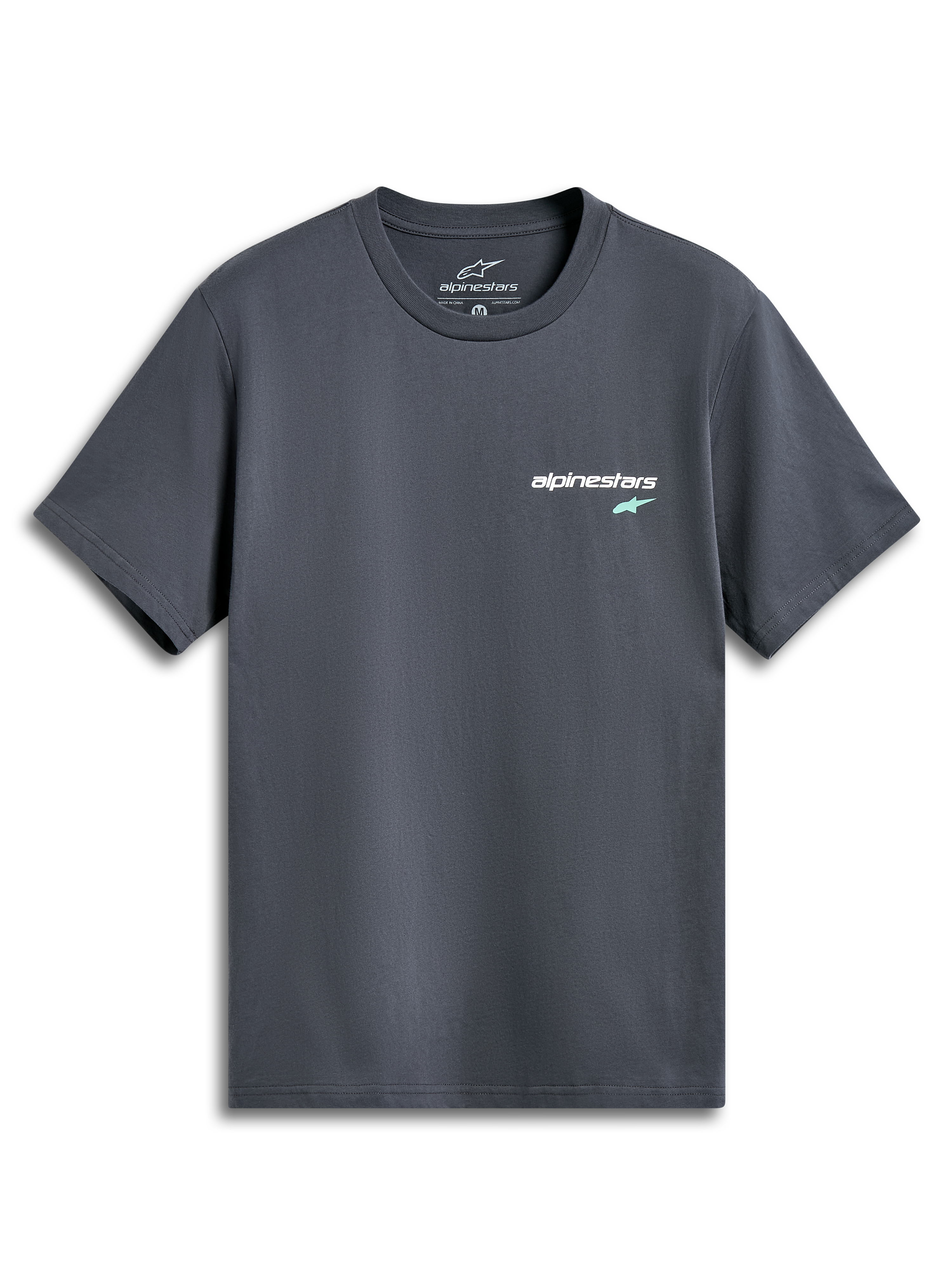 Alpinestars No Barrier CSF Tee, T-shirt met korte mouwen, antracietgrijs, klein wit tekstlogo met mintgroene ster op de borst, casual door motorsport geïnspireerde streetwear