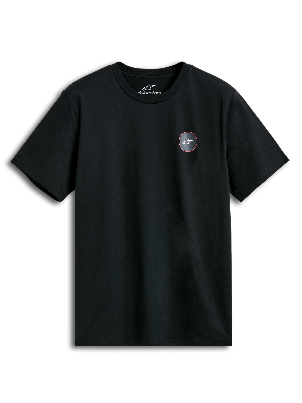 Alpinestars Dot Carbon CSF T-shirt met korte mouwen, zwart, carbonfiber-look borstlogo met grafische print, casual sportswear.