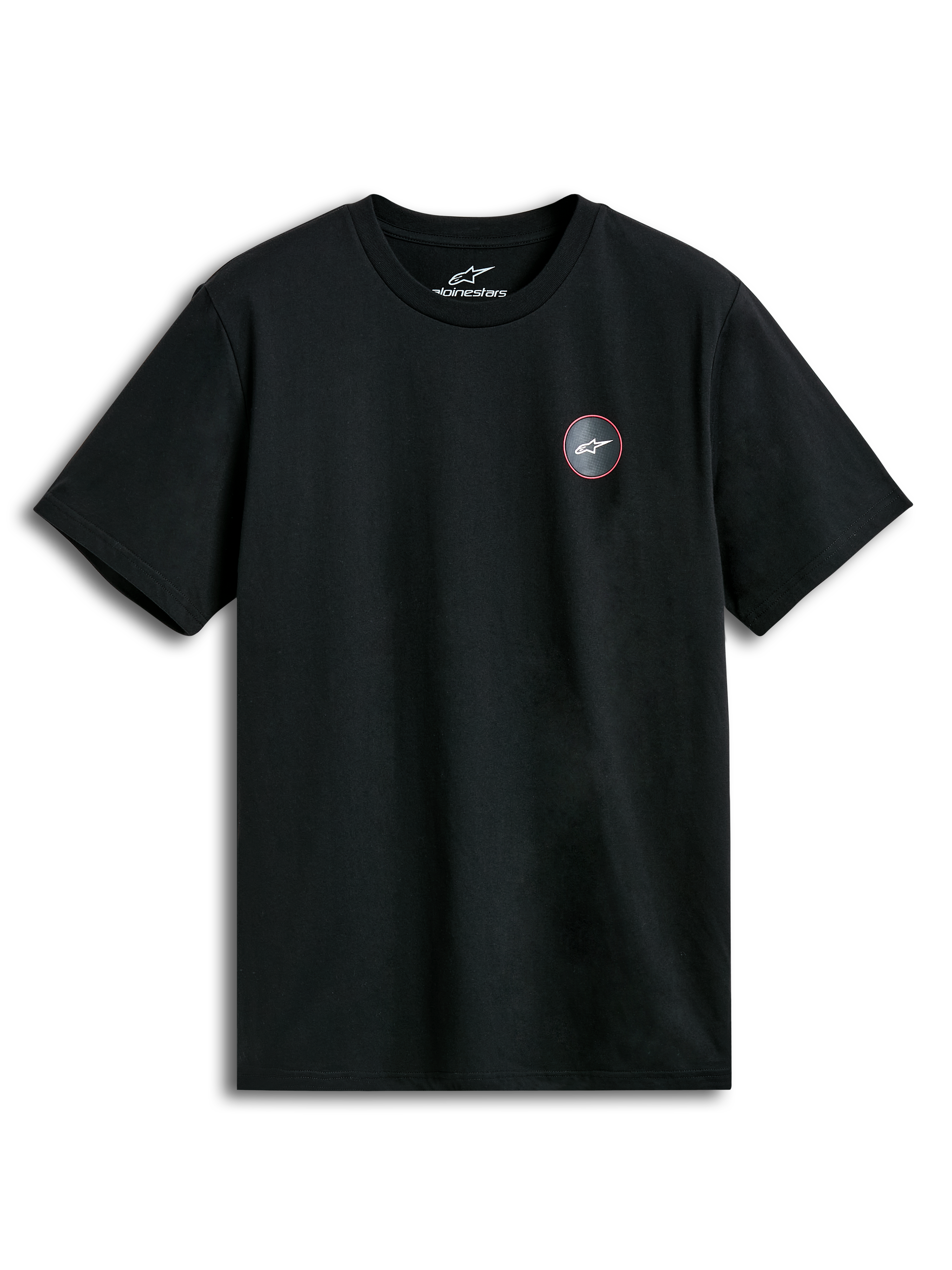 Alpinestars Dot Carbon CSF T-shirt met korte mouwen, zwart, carbonfiber-look borstlogo met grafische print, casual sportswear.