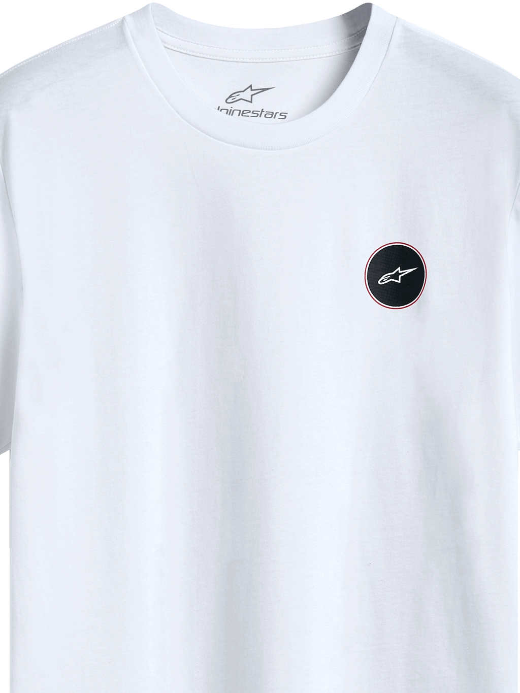 Alpinestars Dot Carbon Csf T-shirt, T-shirt met korte mouwen, wit, detailweergave van een rond zwart logo met carbonfiber-look vulling en witte ster, interne nekprint, casual motorsport streetwear