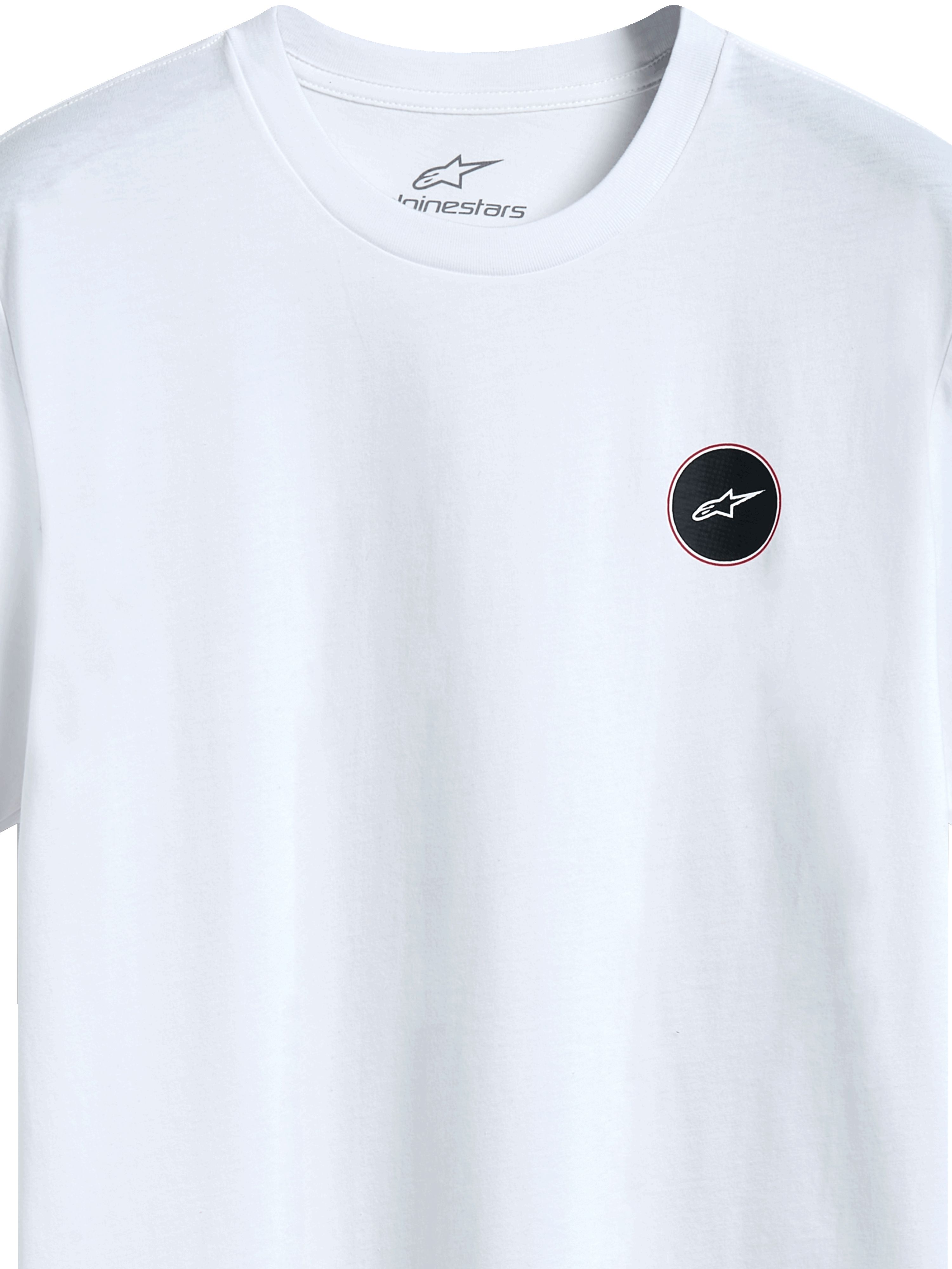 Alpinestars Dot Carbon Csf T-shirt, T-shirt met korte mouwen, wit, detailweergave van een rond zwart logo met carbonfiber-look vulling en witte ster, interne nekprint, casual motorsport streetwear