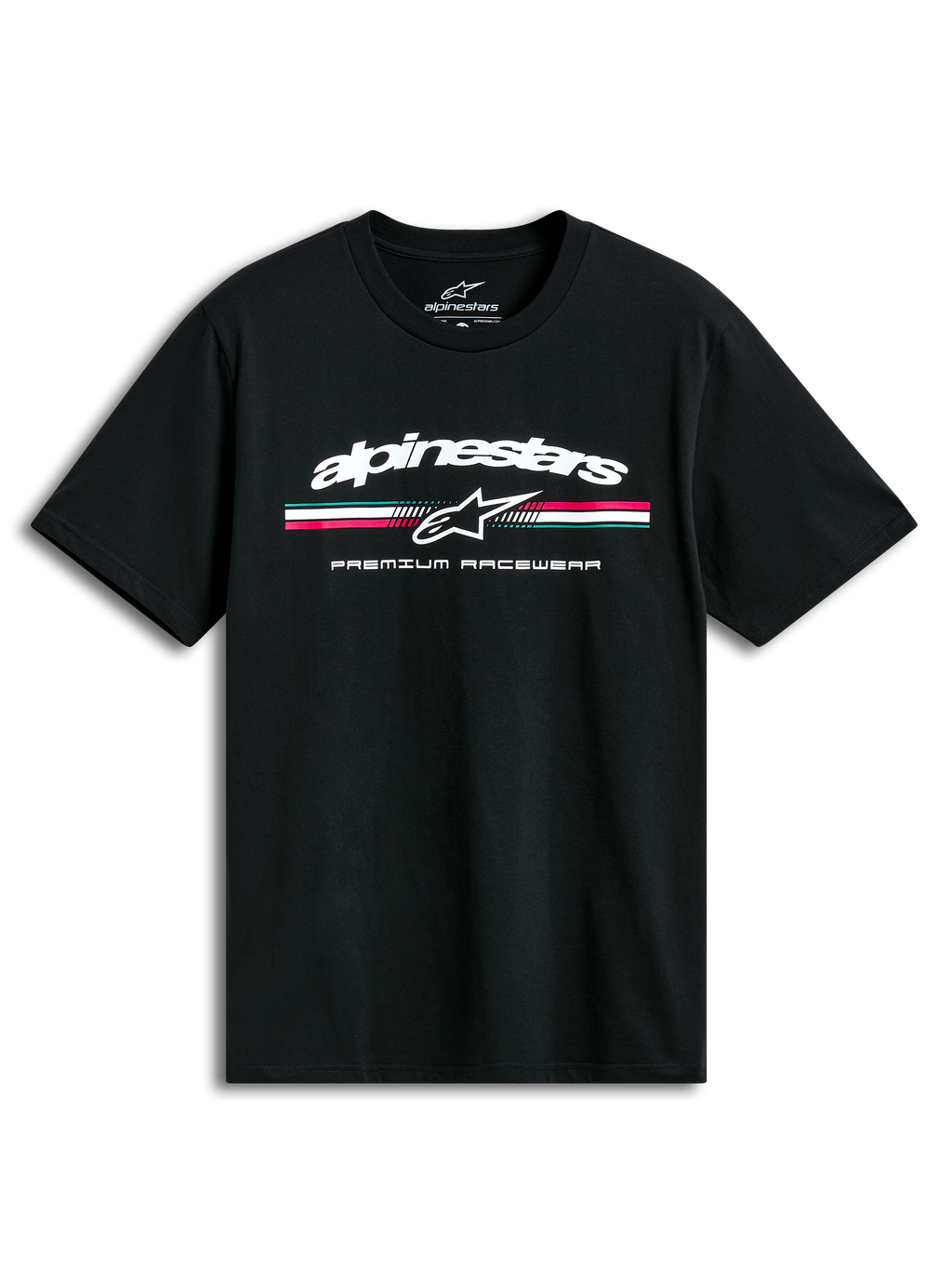 Alpinestars Prevail Csf T-Shirt, black short sleeve sportswear tee with a front paddock-style tri-color stripe logo and soft hand print