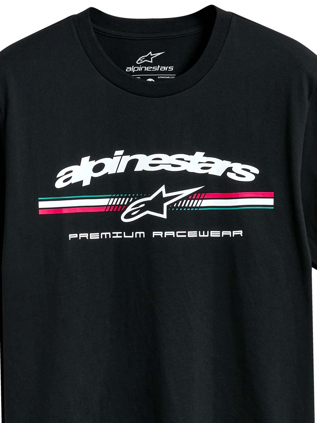 Alpinestars Prevail CSF Tee, T-shirt met korte mouwen, zwart, wit Alpinestars-logo met een driekleurige streep in teal, roze en wit, Premium Racewear-graphic, casual motorsport-sportkleding
