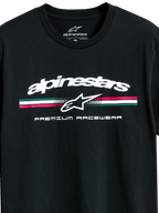 Alpinestars Prevail CSF Tee, T-shirt met korte mouwen, zwart, wit Alpinestars-logo met een driekleurige streep in teal, roze en wit, Premium Racewear-graphic, casual motorsport-sportkleding
