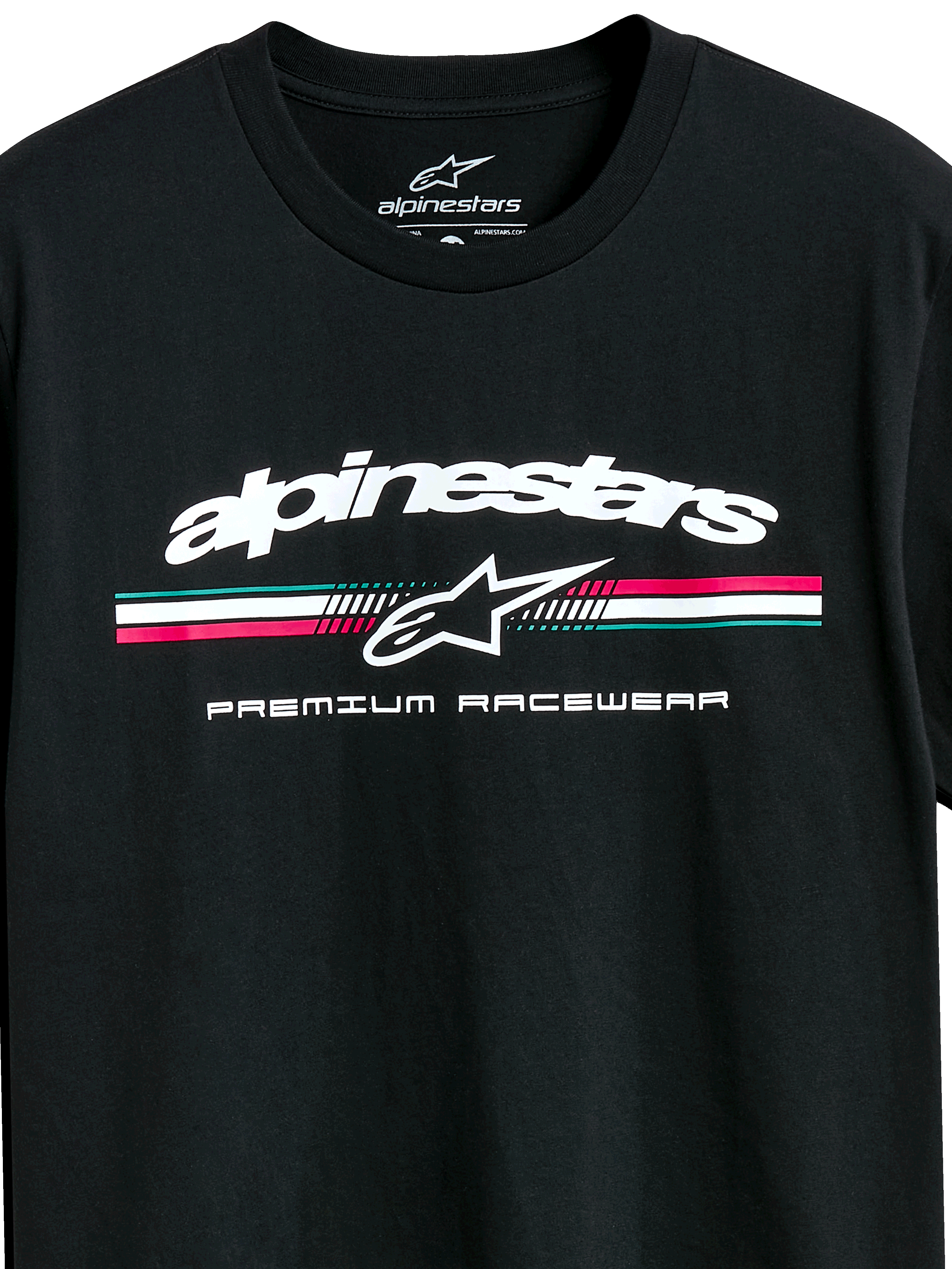 Alpinestars Prevail CSF Tee, T-shirt met korte mouwen, zwart, wit Alpinestars-logo met een driekleurige streep in teal, roze en wit, Premium Racewear-graphic, casual motorsport-sportkleding
