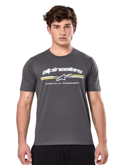 Alpinestars Prevail CSF Tee, Charcoal Gray Short Sleeve T-Shirt, white Alpinestars logo with yellow and white stripes and 'Premium Racewear' graphic, casual motorsport-inspired streetwear