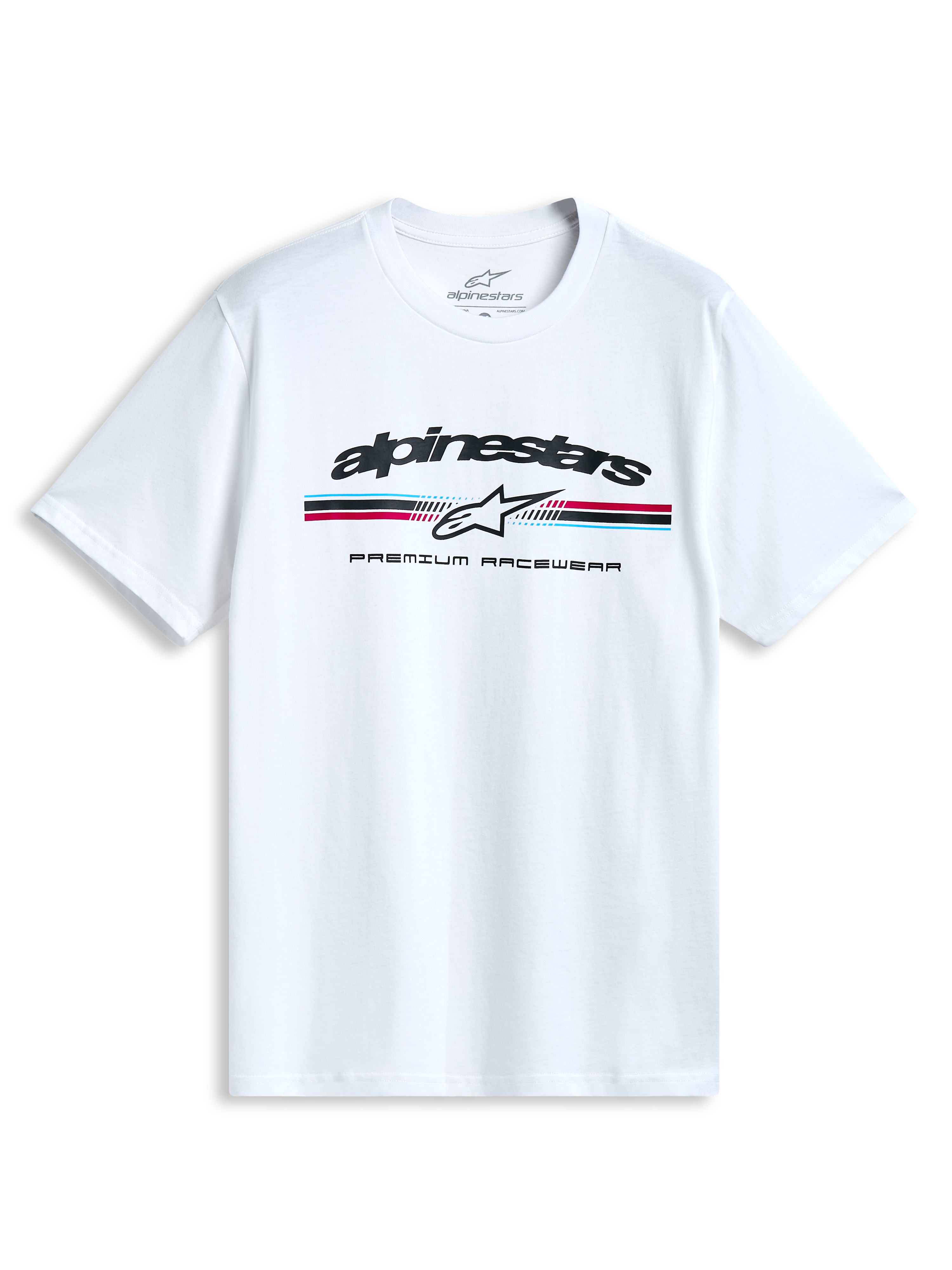 Alpinestars Prevail Csf T-Shirt, white short-sleeve sportswear tee with a front paddock-style tri-color stripe logo and soft hand print