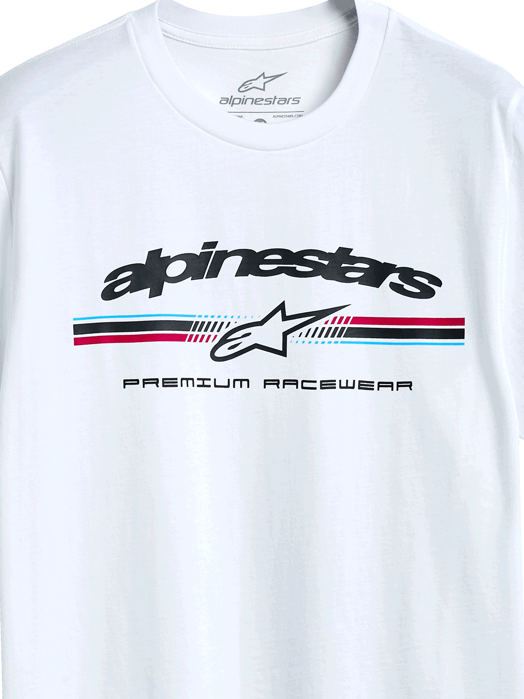 Alpinestars Prevail CSF Tee, T-shirt met korte mouwen, wit, driekleurig streeplogo in paddock-stijl met Alpinestars-stericoon en Premium Racewear-tekst, casual design geïnspireerd op de motorsport