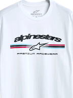 Alpinestars Prevail CSF Tee, T-shirt met korte mouwen, wit, driekleurig streeplogo in paddock-stijl met Alpinestars-stericoon en Premium Racewear-tekst, casual design geïnspireerd op de motorsport
