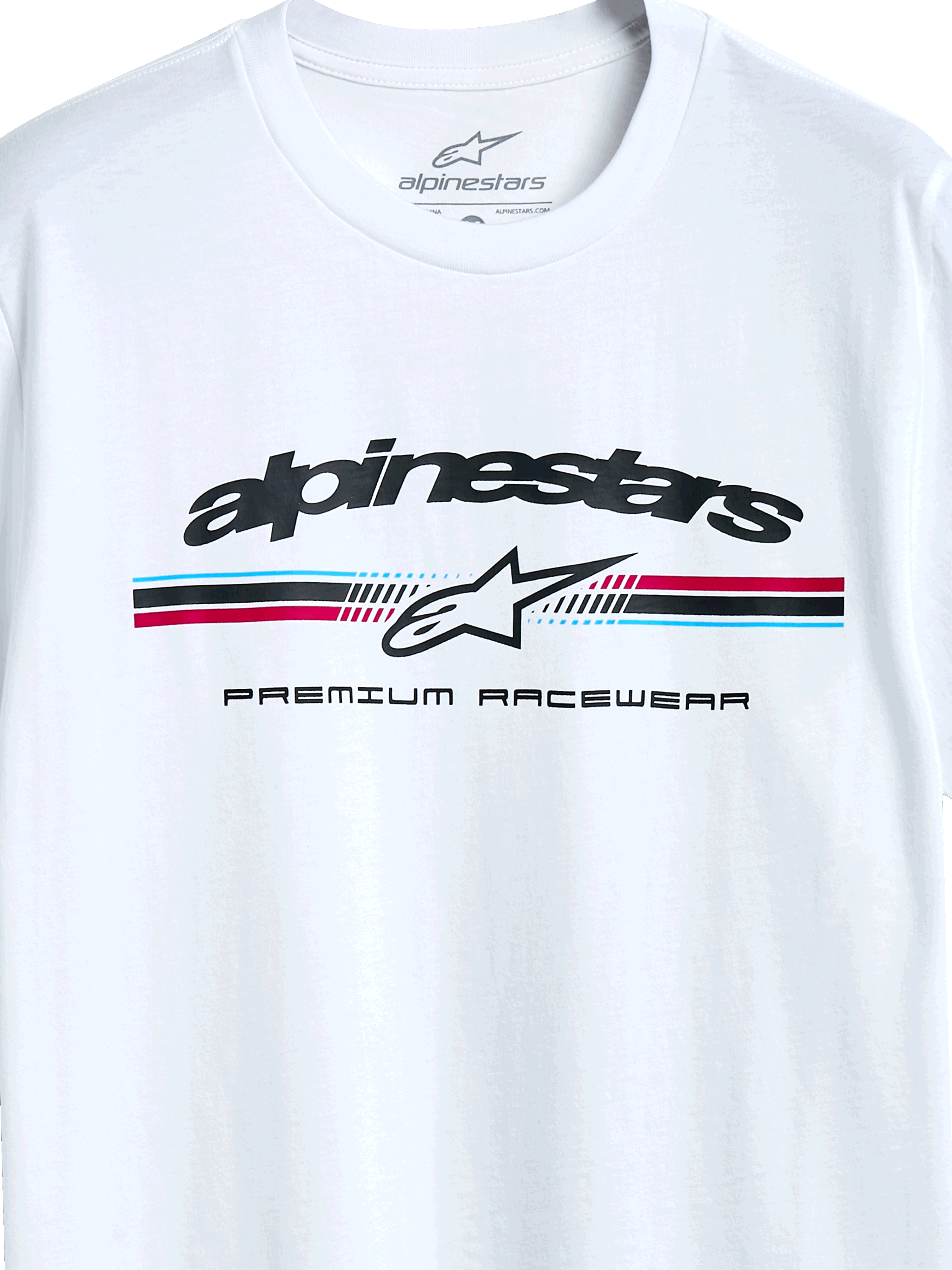 Alpinestars Prevail CSF Tee, T-shirt met korte mouwen, wit, driekleurig streeplogo in paddock-stijl met Alpinestars-stericoon en Premium Racewear-tekst, casual design geïnspireerd op de motorsport