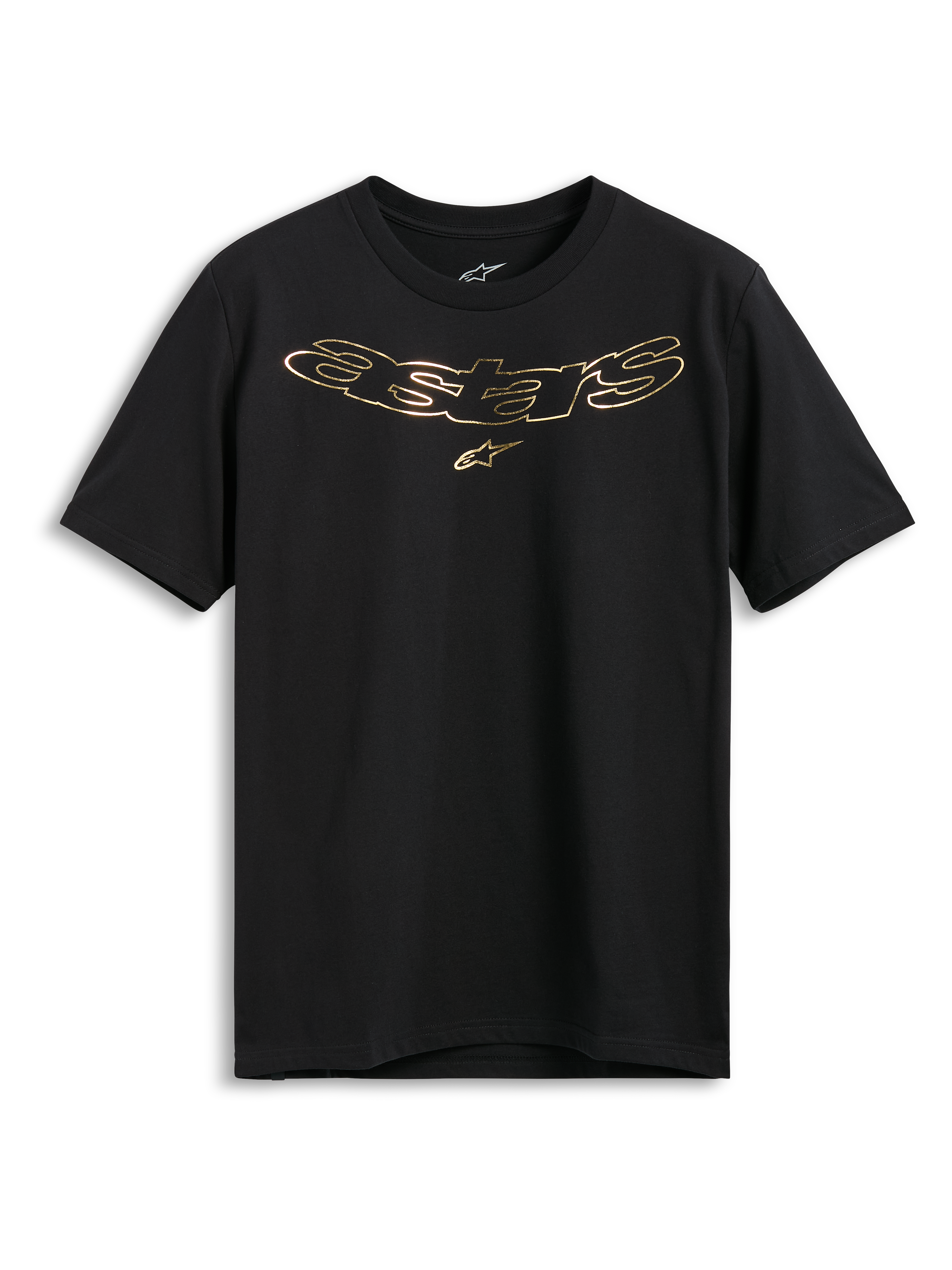 Alpinestars Luxo CSF Tee, T-shirt met korte mouwen, zwart, metallic goudkleurig Astars-logo met stersymbool op de borst, casual motorsport streetwear