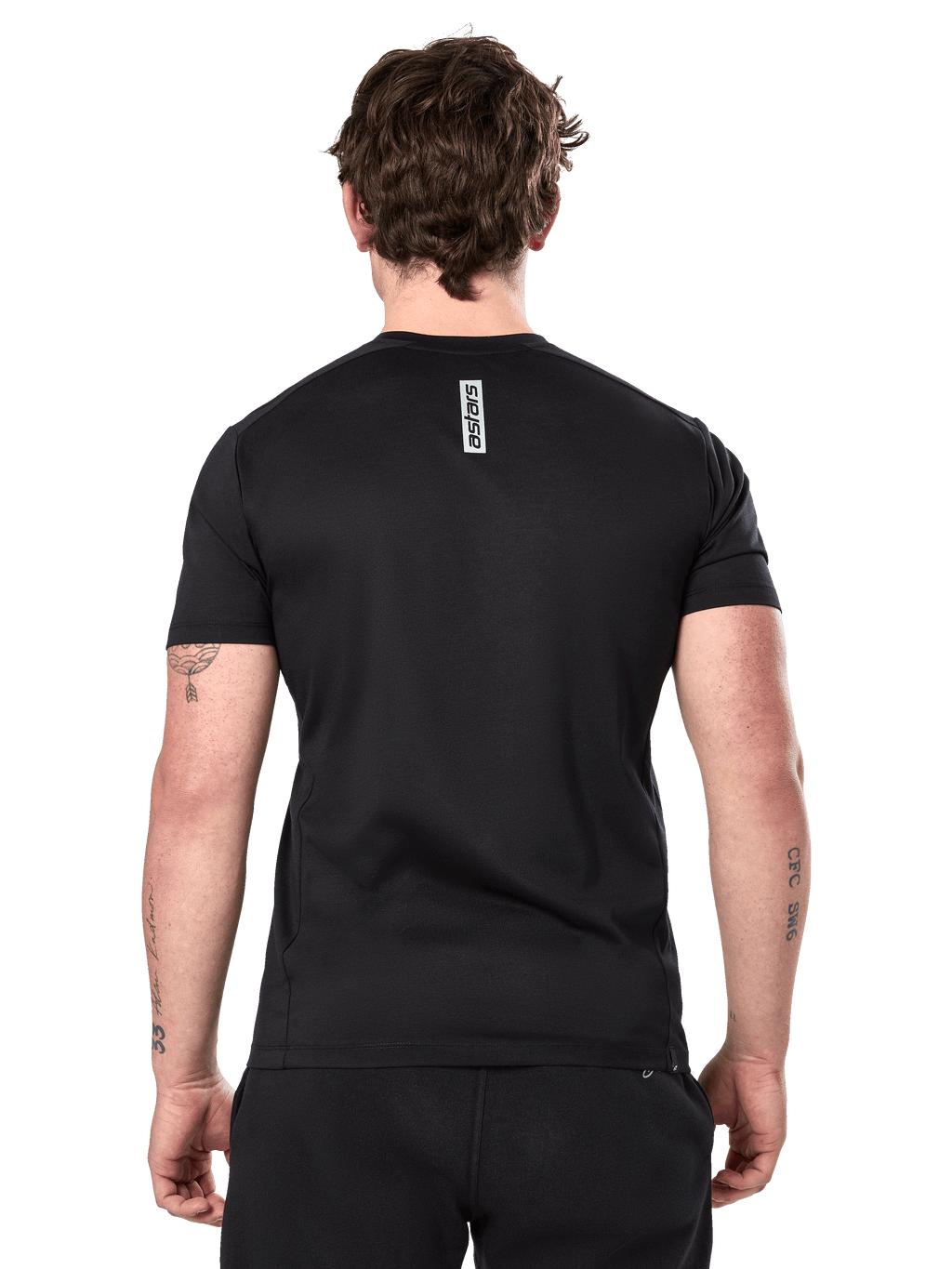 Alpinestars Point Performance Tee, T-shirt met korte mouwen, zwart, achteraanzicht van een man met een verticale astars woordprint op de bovenrug, casual performance sportswear