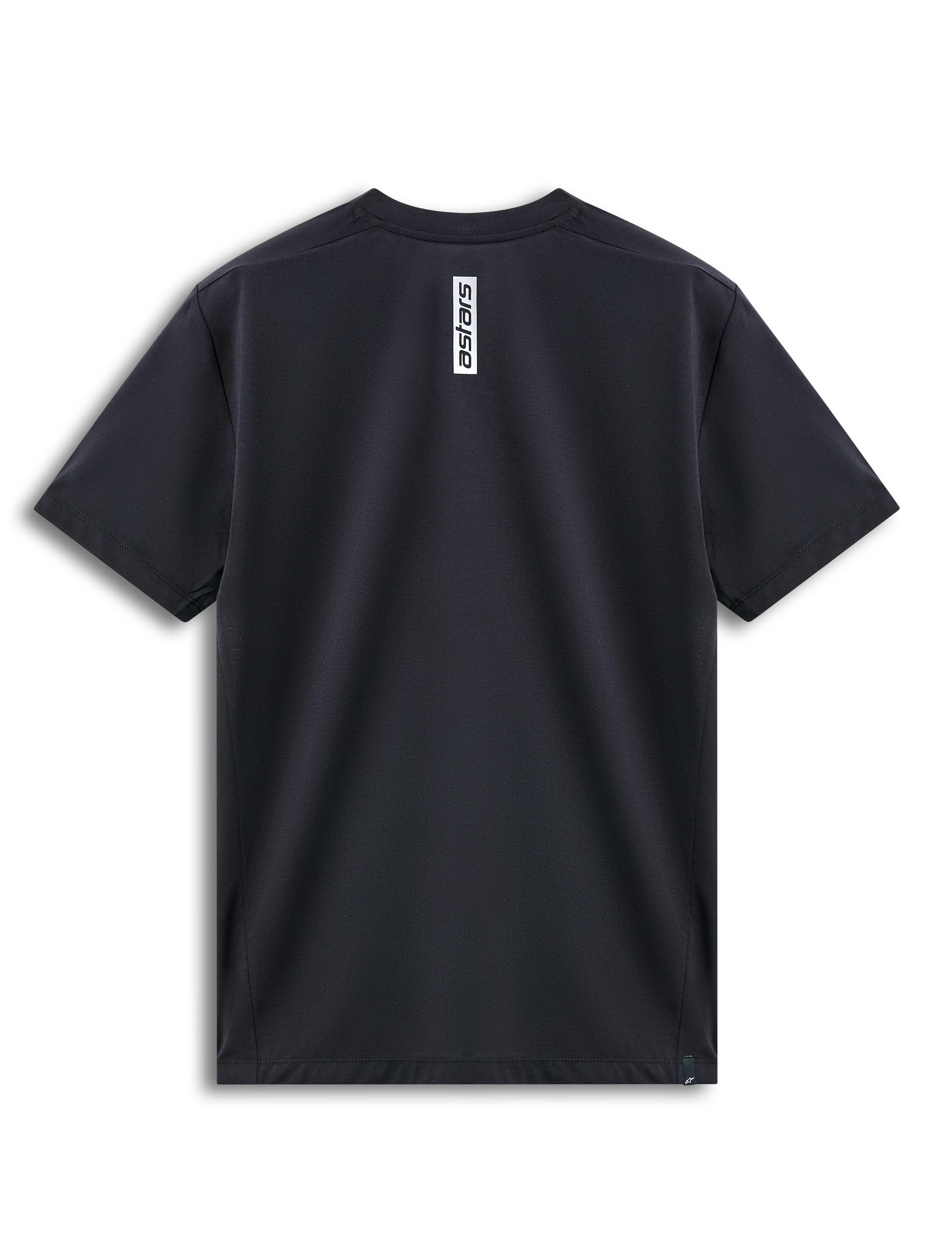 Alpinestars Point Performance Tee, T-shirt met korte mouwen, zwart, achteraanzicht met verticale witte Astars-logoprint bij de nek, vochtafvoerende performance sportkleding
