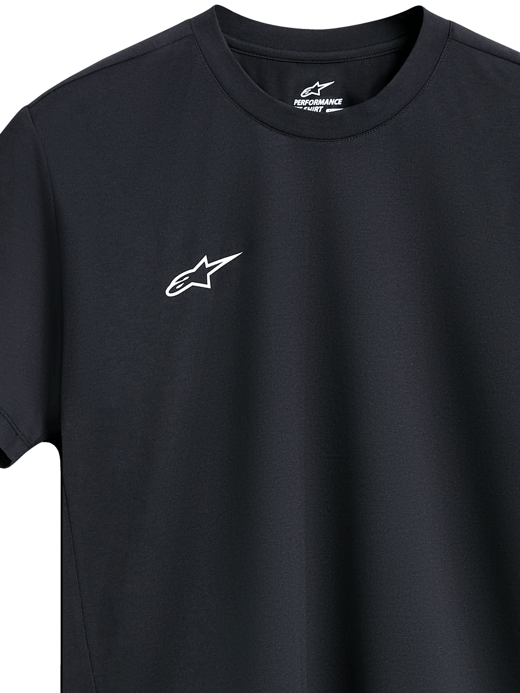 Alpinestars Point Performance Tee, technisch T-shirt met korte mouwen, zwart, klein wit logo op de borst, ronde hals, duurzaam sportontwerp