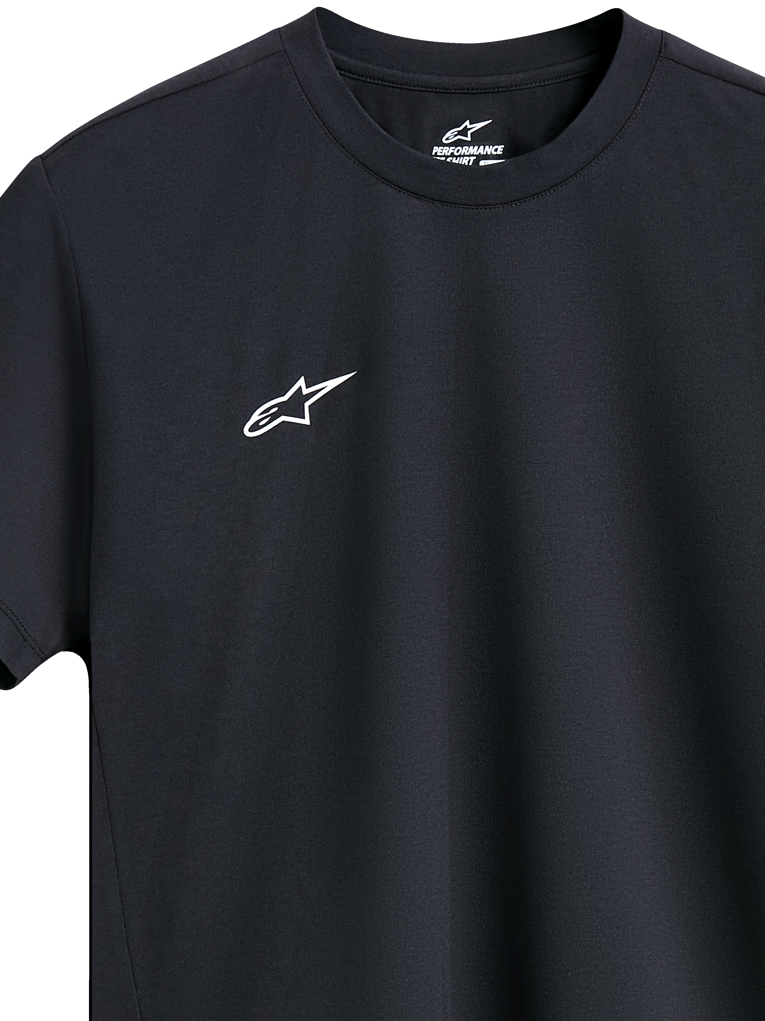 Alpinestars Point Performance Tee, technisch T-shirt met korte mouwen, zwart, klein wit logo op de borst, ronde hals, duurzaam sportontwerp