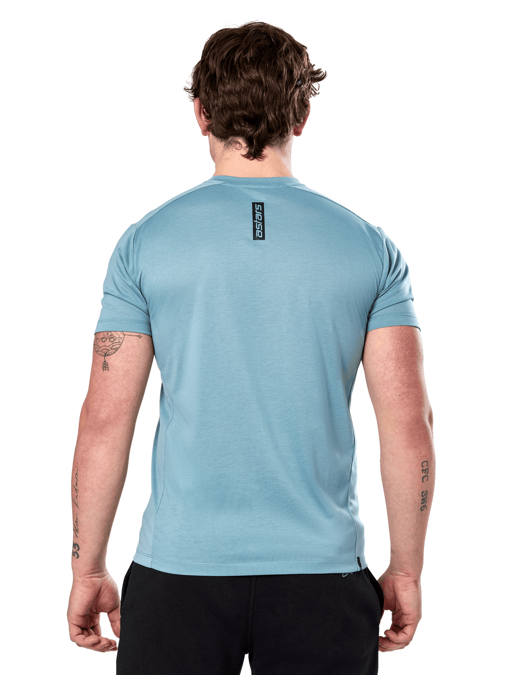 Alpinestars Point Performance T-shirt met korte mouwen, Ice Blue, achteraanzicht met klein verticaal zwart 'astars' tekstlogo op de bovenrug, vochtafvoerende prestatiestof, casual sportkleding