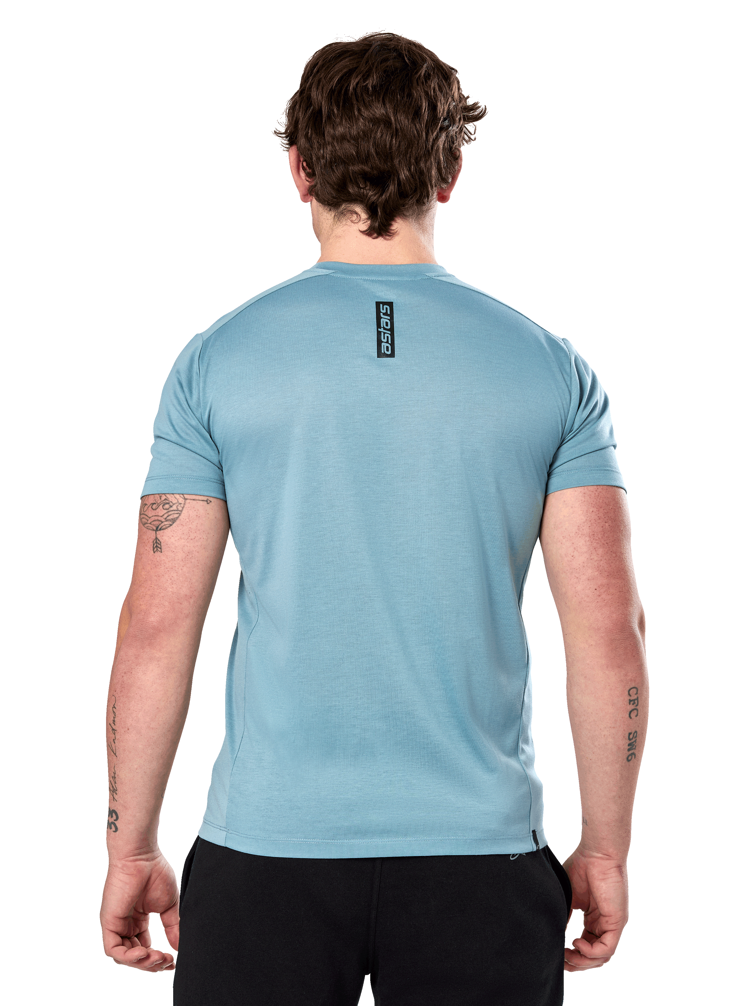 Alpinestars Point Performance T-shirt met korte mouwen, Ice Blue, achteraanzicht met klein verticaal zwart 'astars' tekstlogo op de bovenrug, vochtafvoerende prestatiestof, casual sportkleding