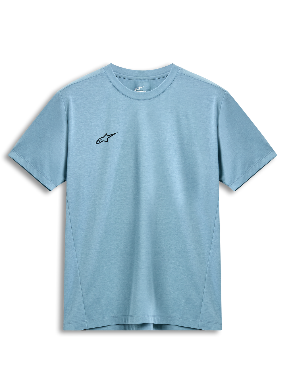 Alpinestars Point Performance Tee, T-shirt met korte mouwen, ijsblauw, klein zwart sterlogo op de borst, ronde hals, duurzame prestatiegerichte vochtafvoerende stof, casual motorsport streetwear