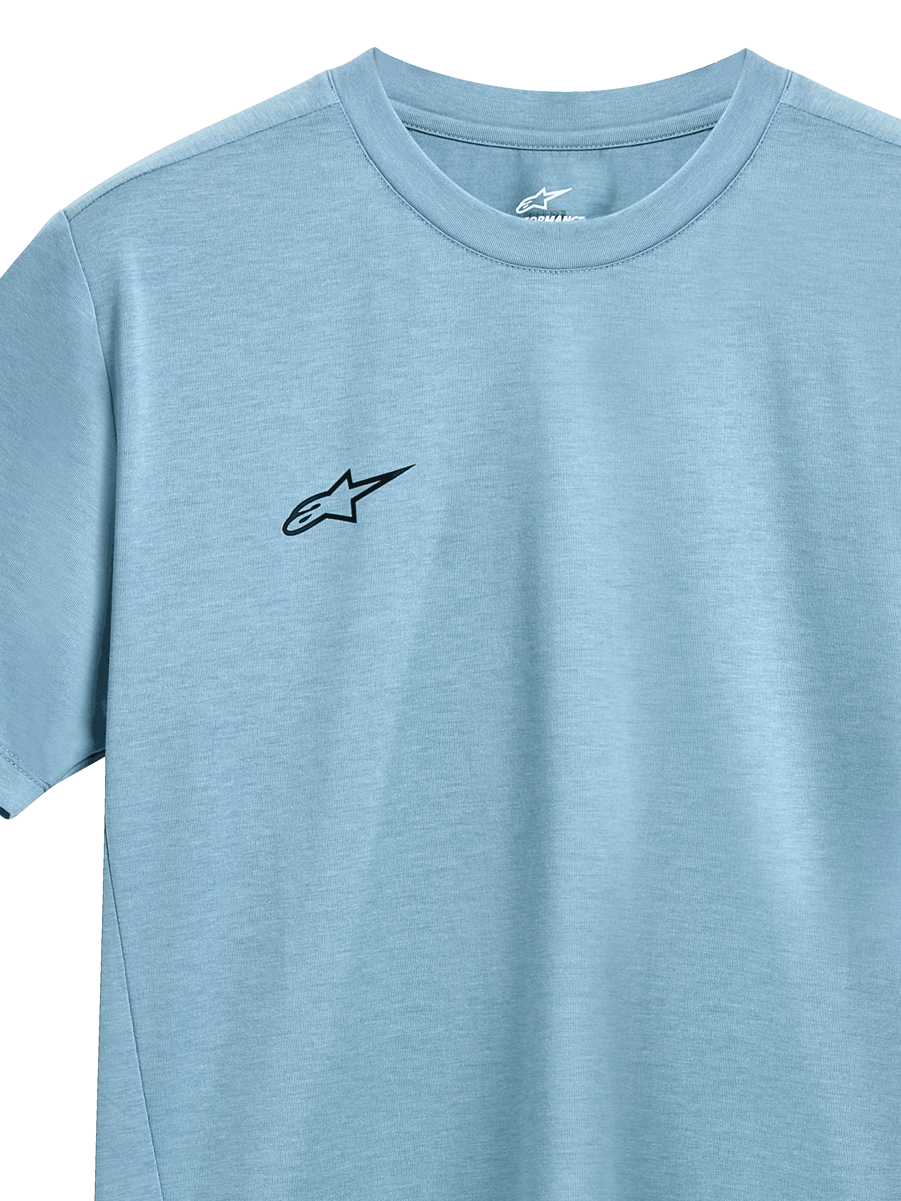 Alpinestars Point Performance Tee, T-shirt met korte mouwen, Ice Blue, klein zwart Alpinestars-logo op de borst, ronde hals, vochtafvoerende prestatiestof