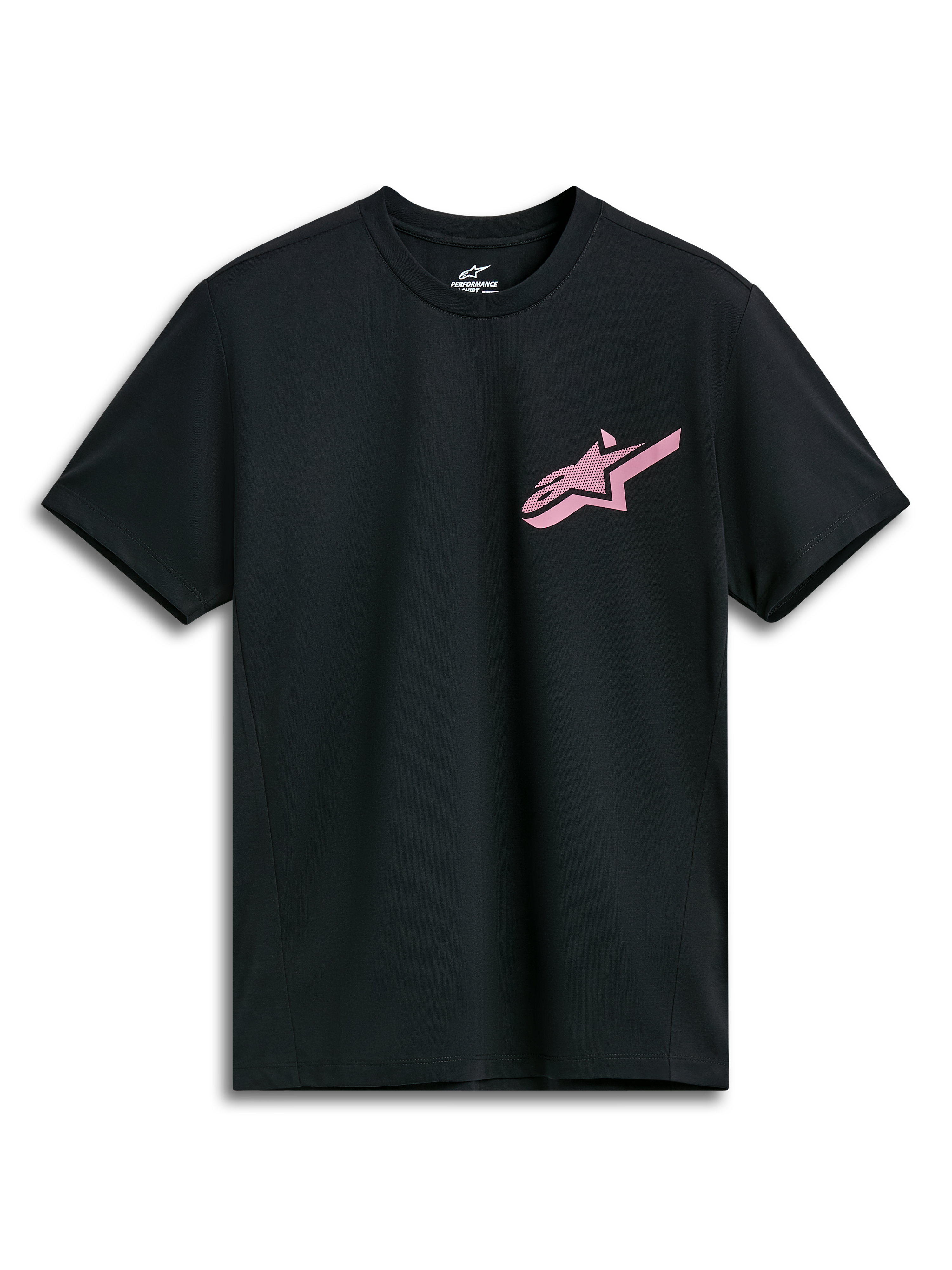 Alpinestars Attrition Performance Tee, performance t-shirt met korte mouwen, zwart met roze Alpinestars-logo, ronde hals, performance sportkleding