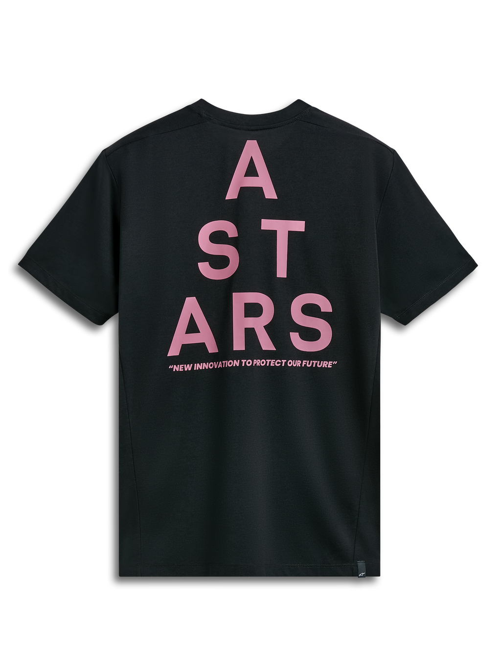 Alpinestars Attrition Performance Tee, T-shirt met korte mouwen, zwart, achteraanzicht met een grote roze ASTARS-blokgraphic en de tekst 'NEW INNOVATION TO PROTECT OUR FUTURE', duurzame prestatiegerichte sportkleding